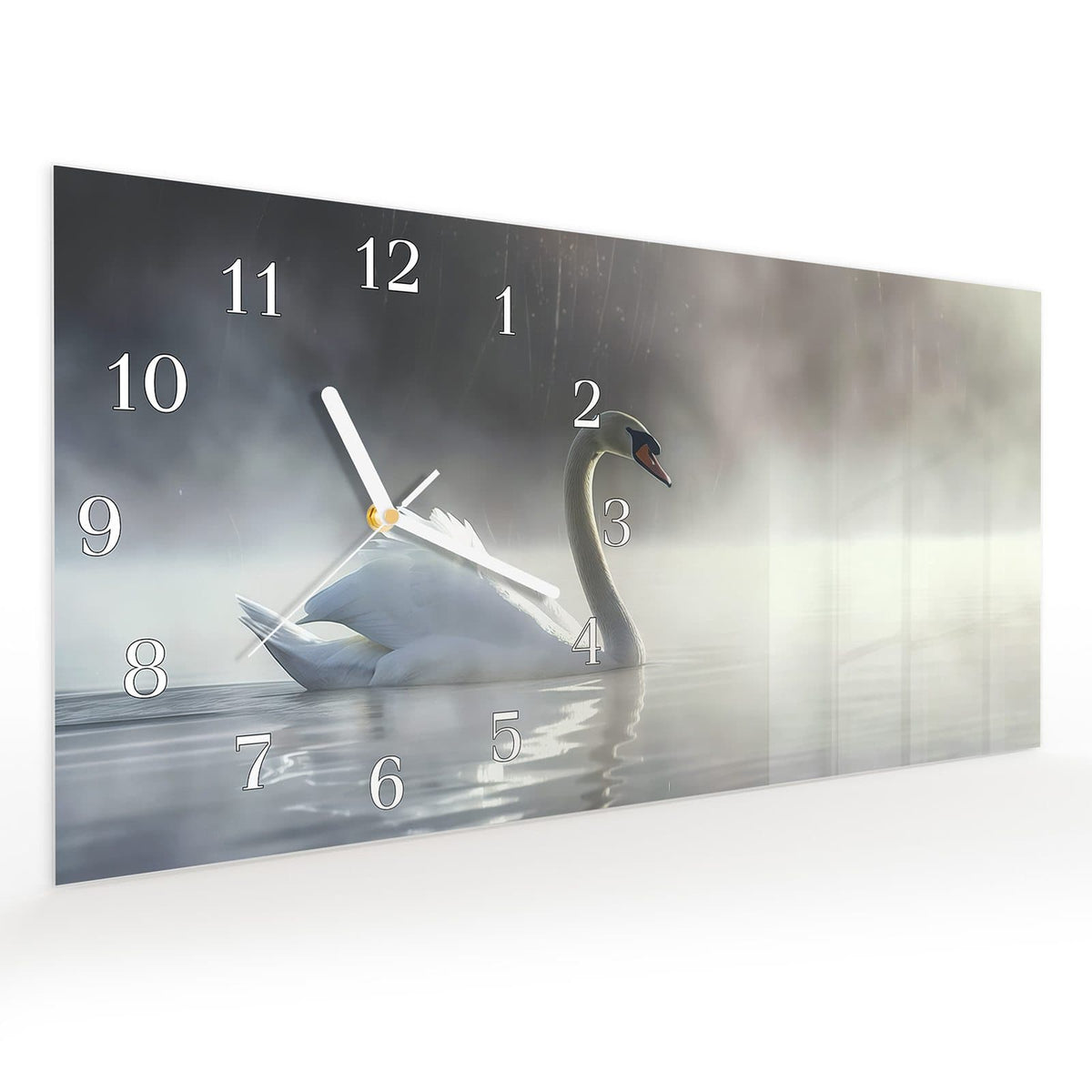 Vormontiert – mit Schwebeeffekt – Wanduhr Schwimmender Schwan aus Glas – Querformat 60 × 30 cm