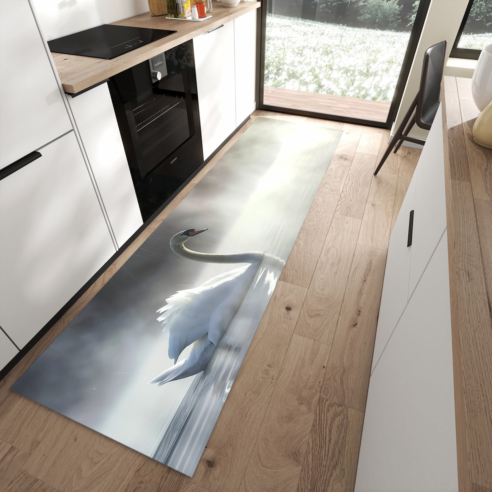 Bodenschonender Küchenläufer nach Maß mit Motiv Schwimmender Schwan in moderner Küche