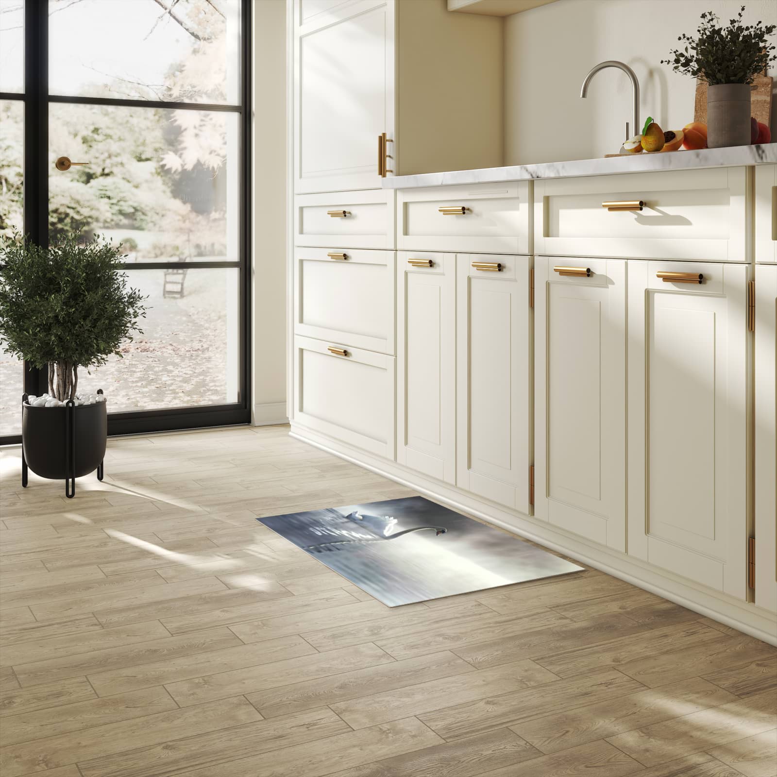 Zeitsparender großer Küchenteppich mit Motiv Schwimmender Schwan in heller Küche