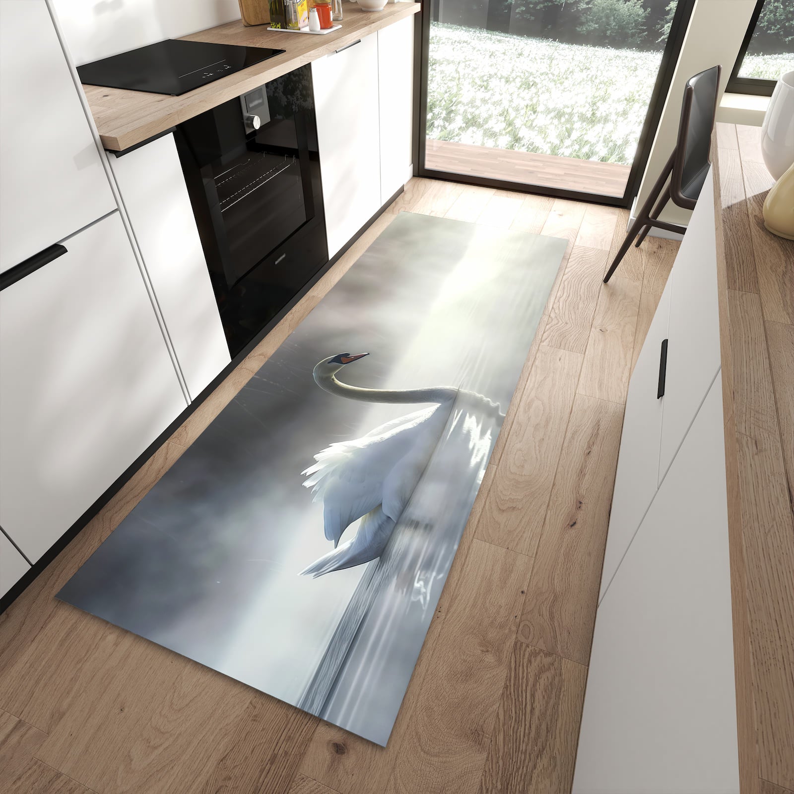 Abwaschbarer Küchenläufer mit Motiv Schwimmender Schwan in moderner Küche
