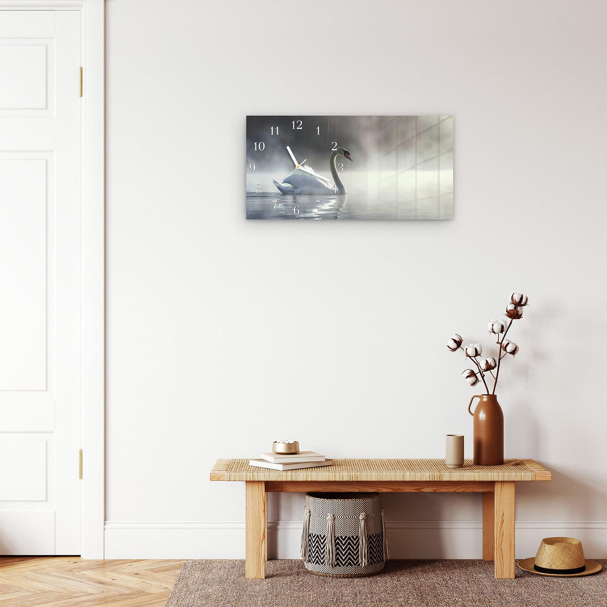 Moderne Wanduhr aus Glas mit Farbtiefe – Wanduhr Schwimmender Schwan aus Glas – Querformat 60 × 30 cm