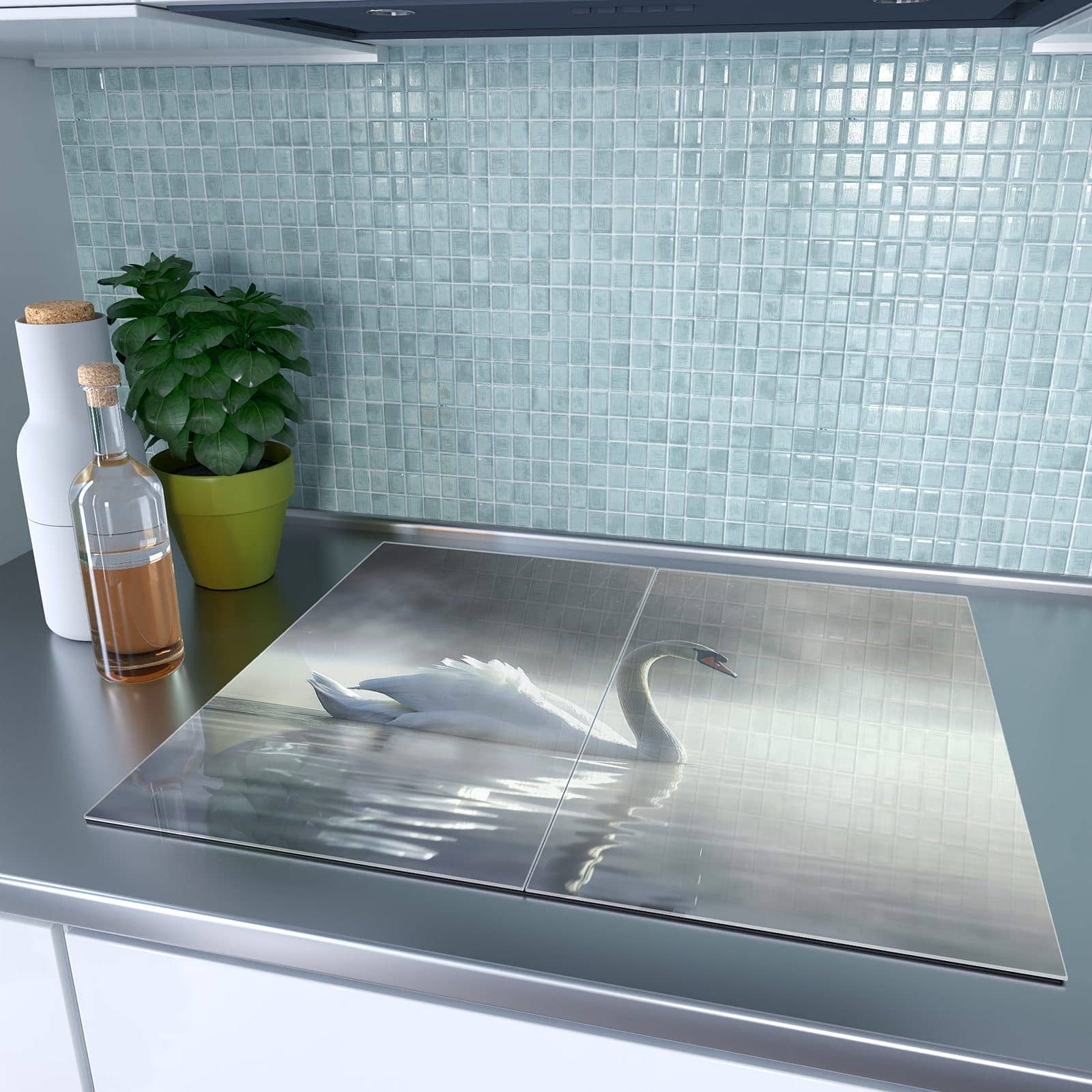 2-teilige Herdabdeckplatte aus Glas mit Schwimmender Schwan-Motiv auf dem Ceranfeld