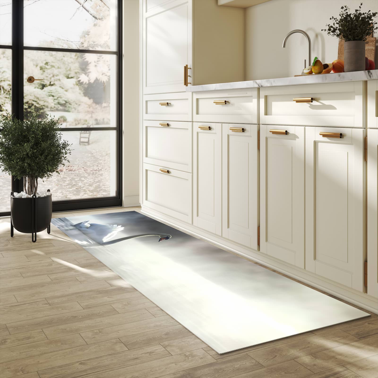 UV-beständiger Küchenläufer mit Motiv Schwimmender Schwan in heller Küche