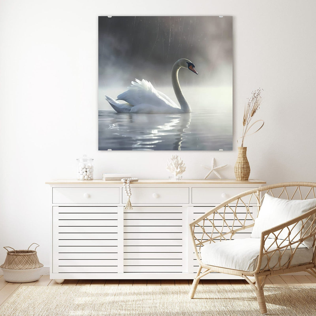 Echtglas, 4 mm – kein Acryl, keine Folie – Wandbild - Schwimmender Schwan - Quadratisch
