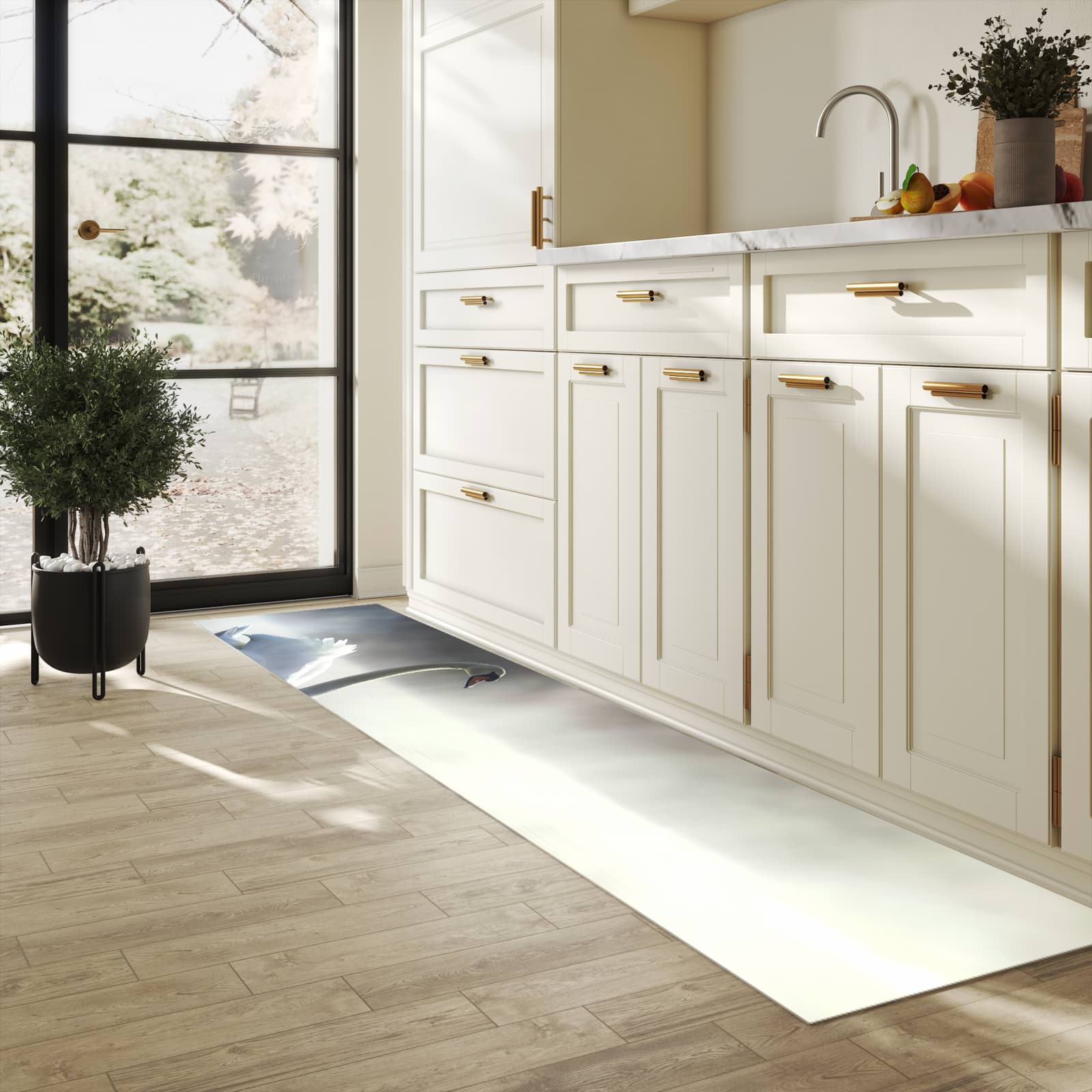 Waschbarer Küchenteppich mit Motiv Schwimmender Schwan in heller Küche für sichere Aufbewahrung