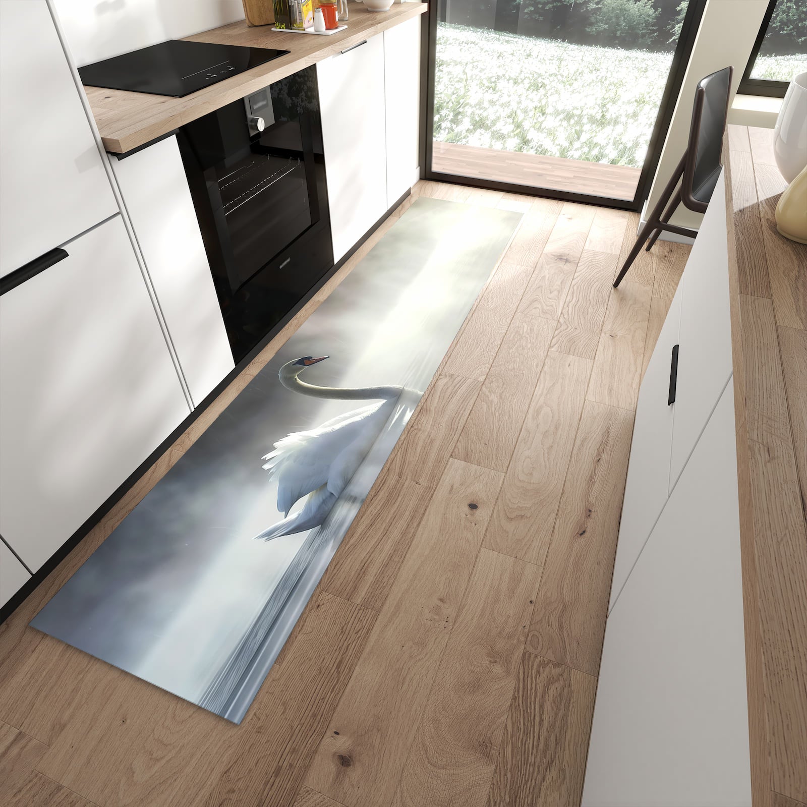 Langlebiger rutschfester Küchenläufer mit Motiv Schwimmender Schwan in moderner Küche