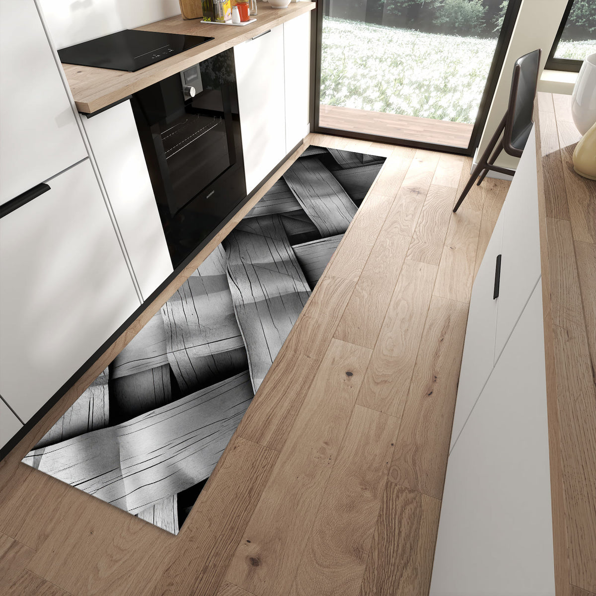 Fleckenresistenter waschbarer Küchenteppich mit Motiv Geflochtenes Holz in moderner Küche