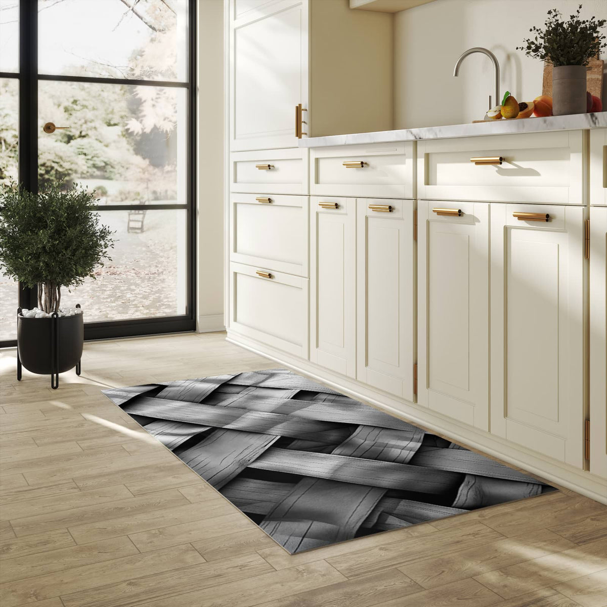 Rutschfester Bodenläufer-Teppich mit Motiv Geflochtenes Holz in heller Küche