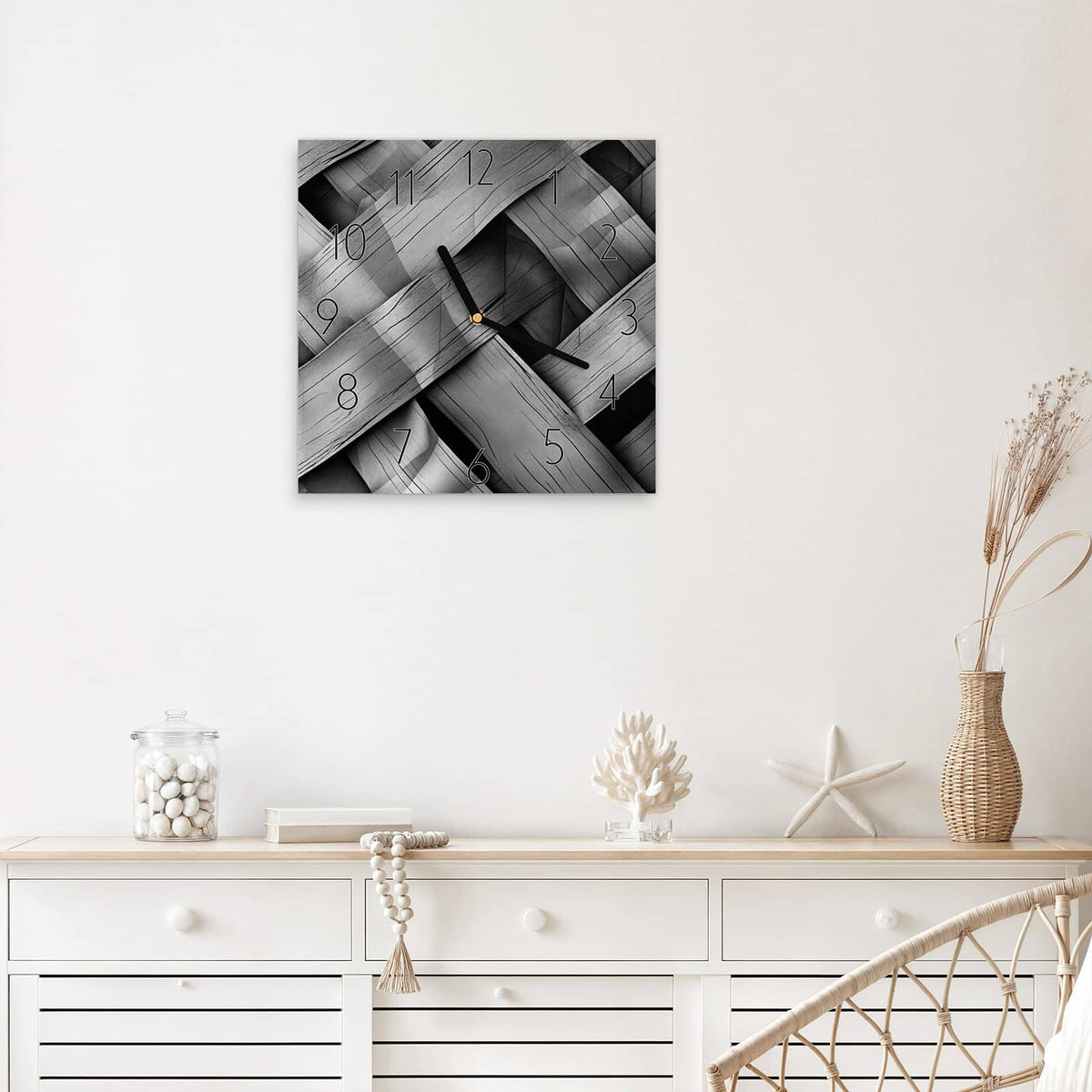 Wanduhr Graues Holzgeflecht aus Glas – Quadratisch 30 × 30 cm – Graues Holzgeflecht in Nahaufnahme