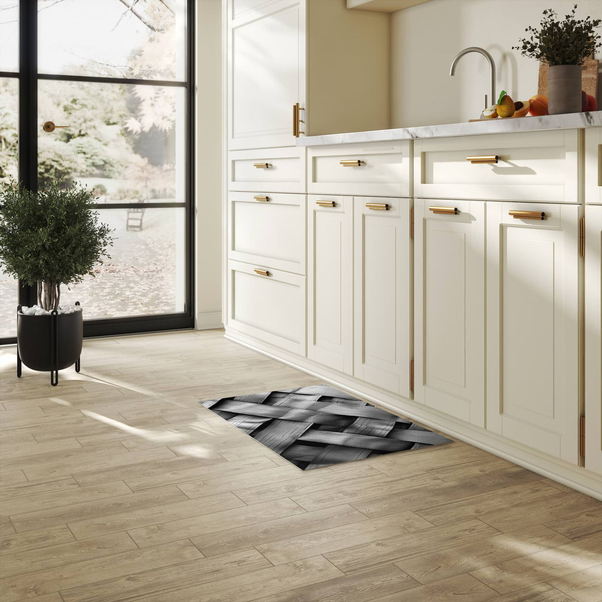 Dünner waschbarer Küchenteppich mit Motiv Geflochtenes Holz für angenehme Haptik in heller Küche
