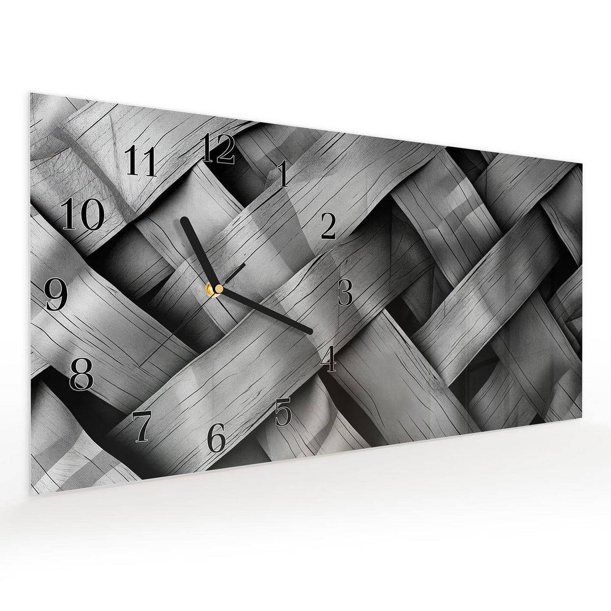 Vormontiert – mit Schwebeeffekt – Wanduhr Geflochtenes Holz aus Glas – Querformat 60 × 30 cm