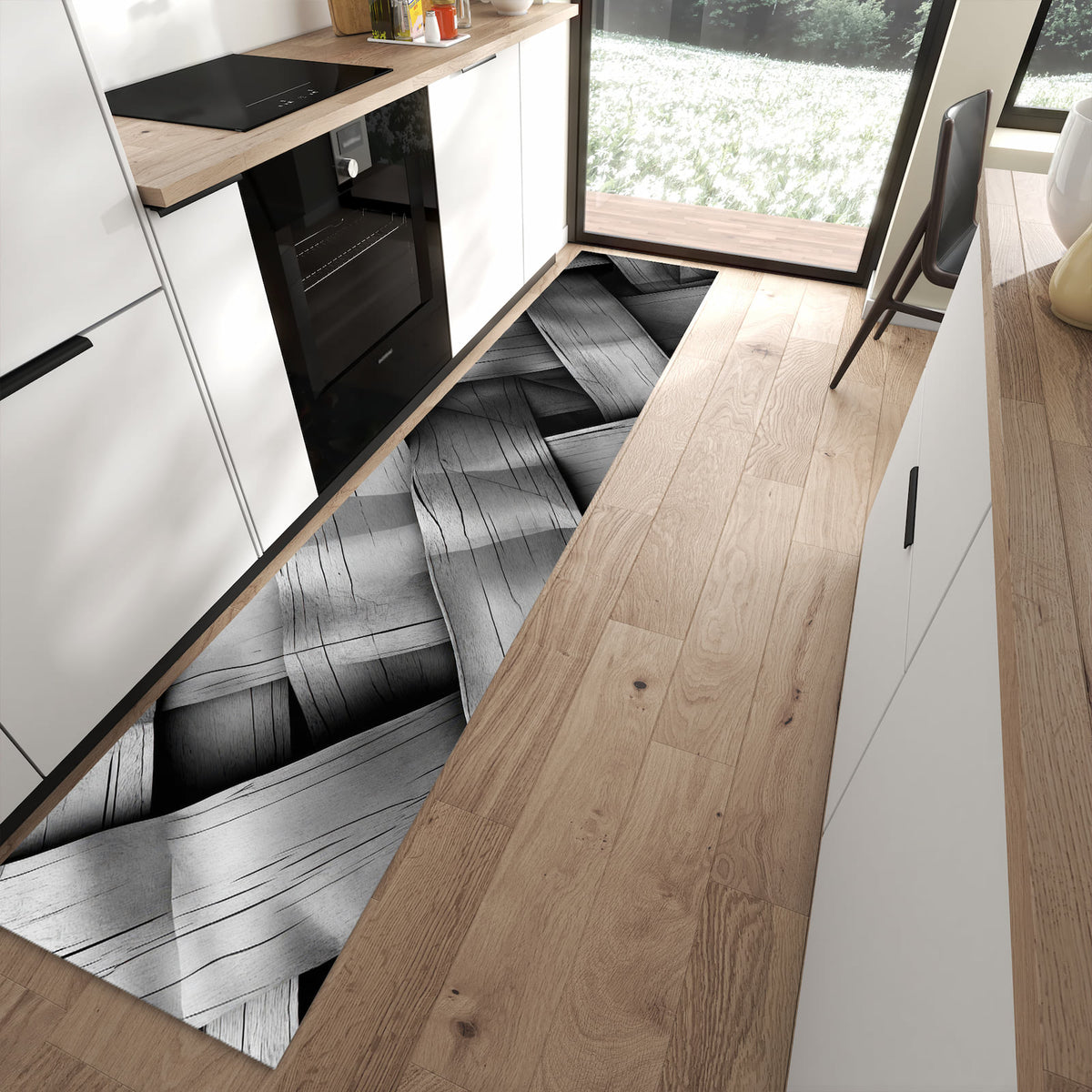 Schmutzabweisender Küchenteppich mit Motiv Geflochtenes Holz in moderner Küche
