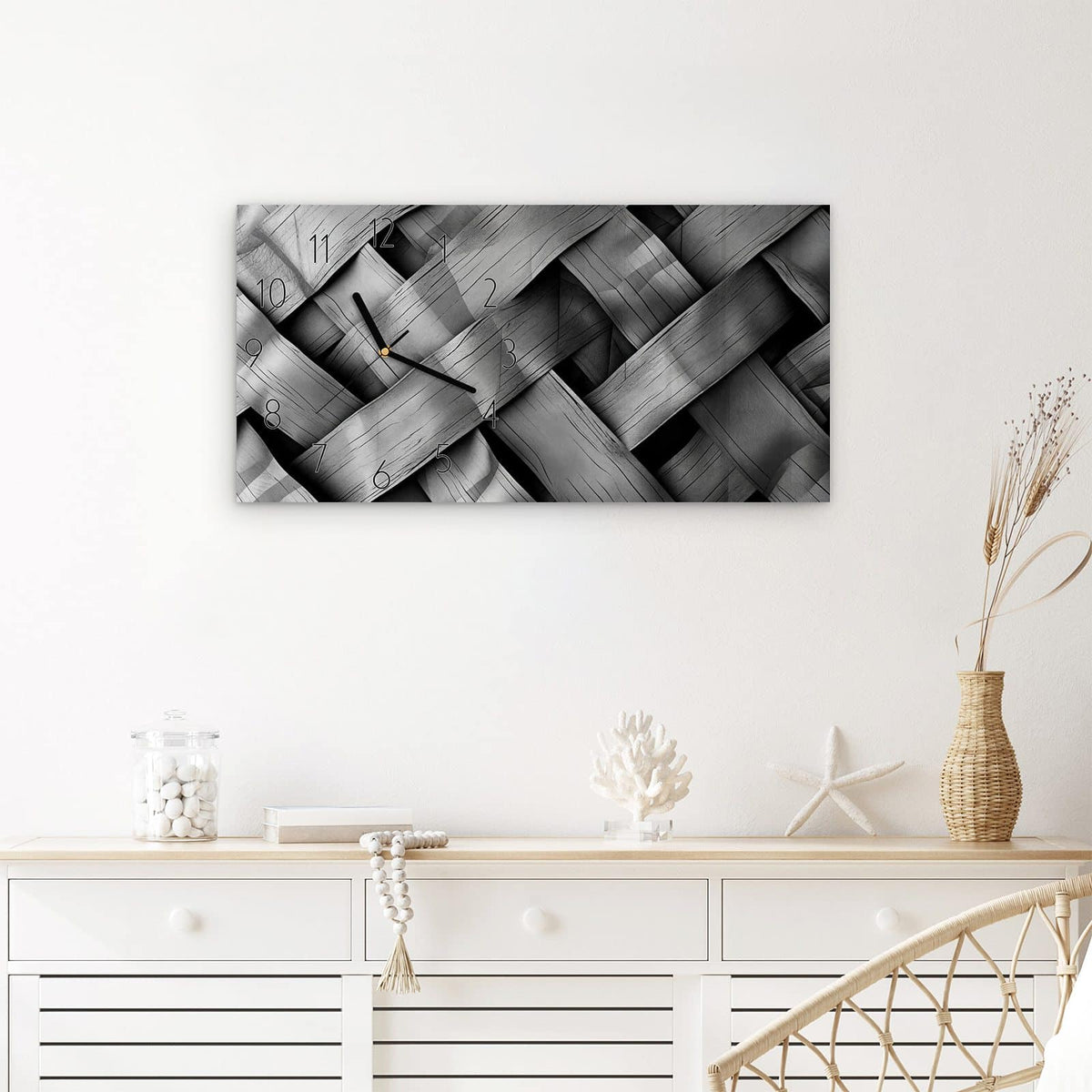 Wanduhr Geflochtenes Holz aus Glas – Querformat 60 × 30 cm – Graues Holzgeflecht in Nahaufnahme