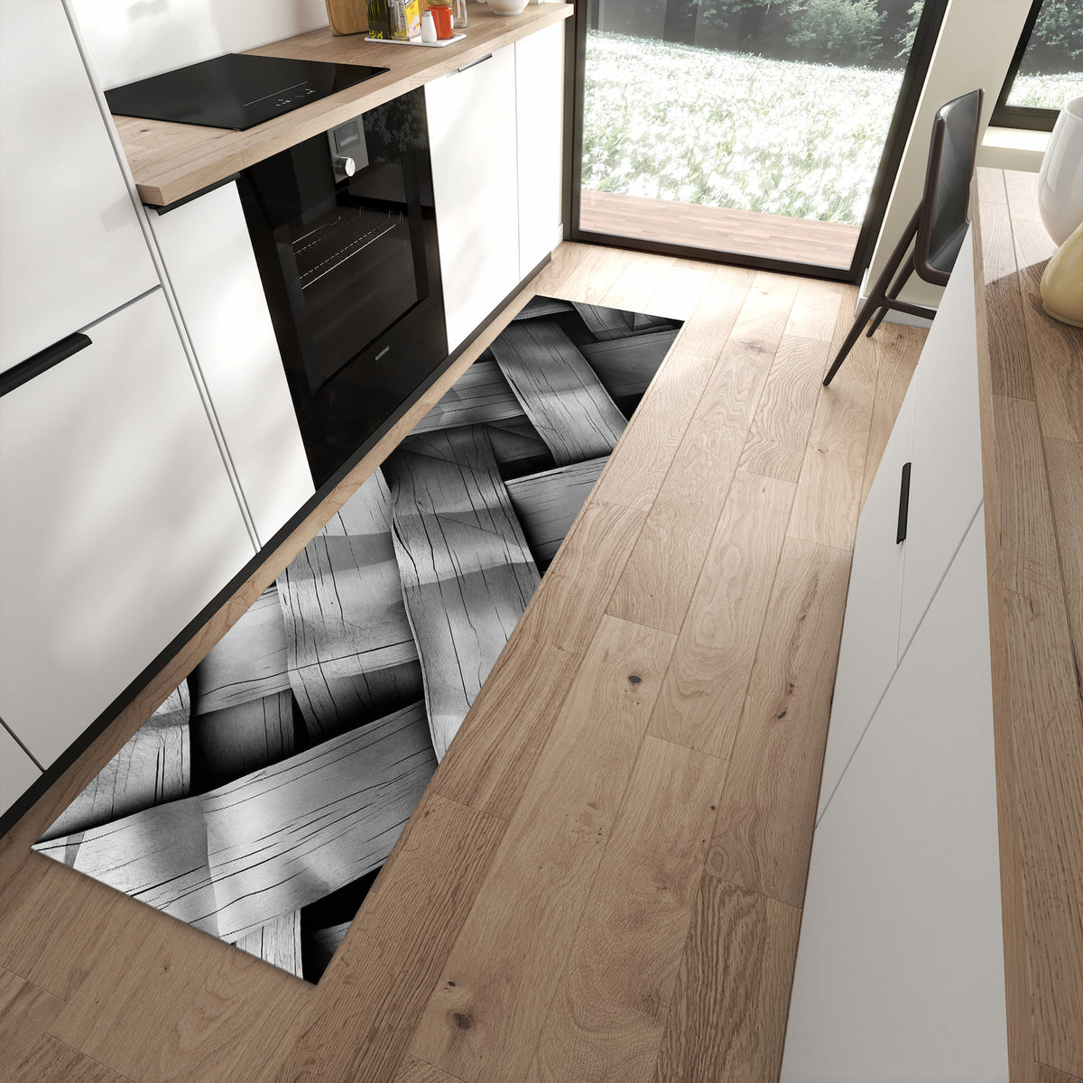 Wasserabweisender Küchenteppich mit Motiv Geflochtenes Holz in moderner Küche
