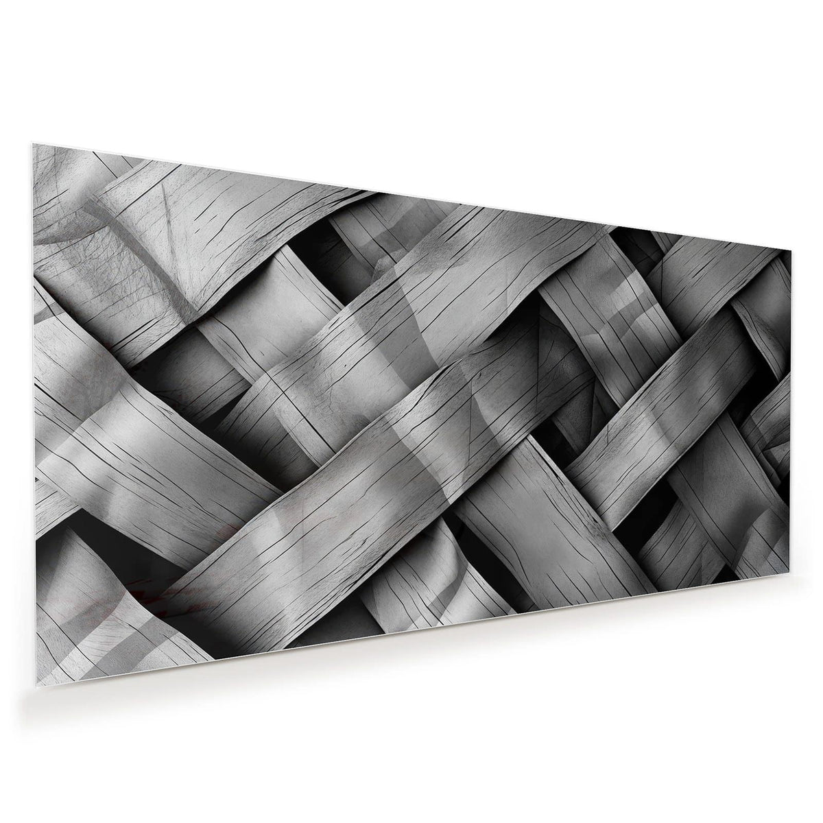 Grauschwarze Nahaufnahme breiter, diagonal verflochtener Holzbänder