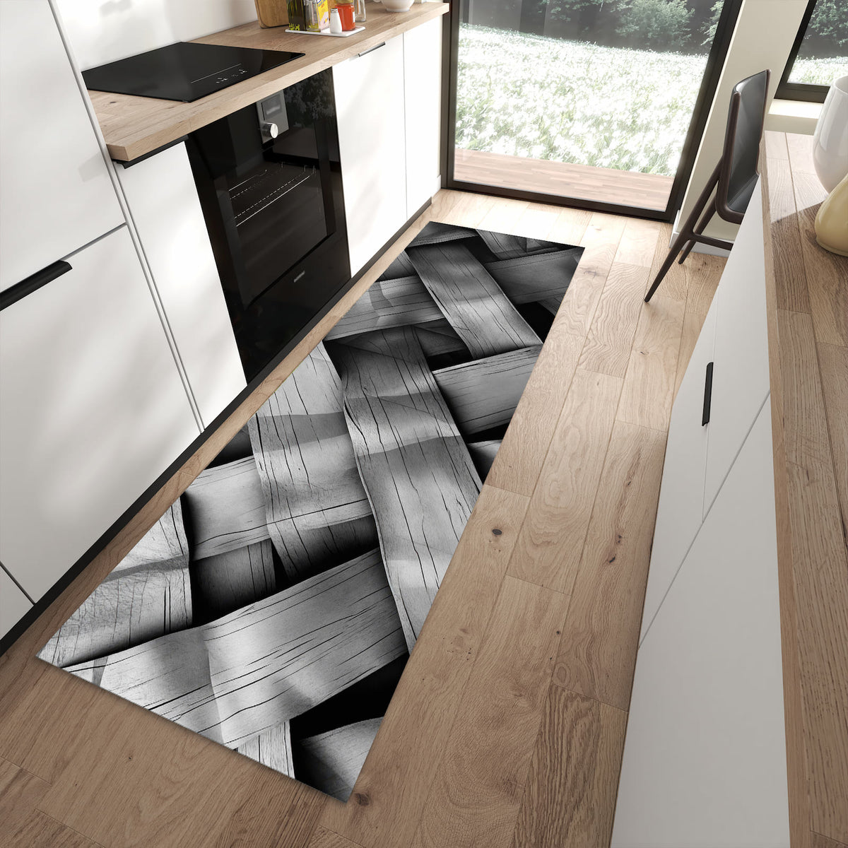 Flacher Küchenteppich mit Motiv Geflochtenes Holz in moderner Küche - waschbar