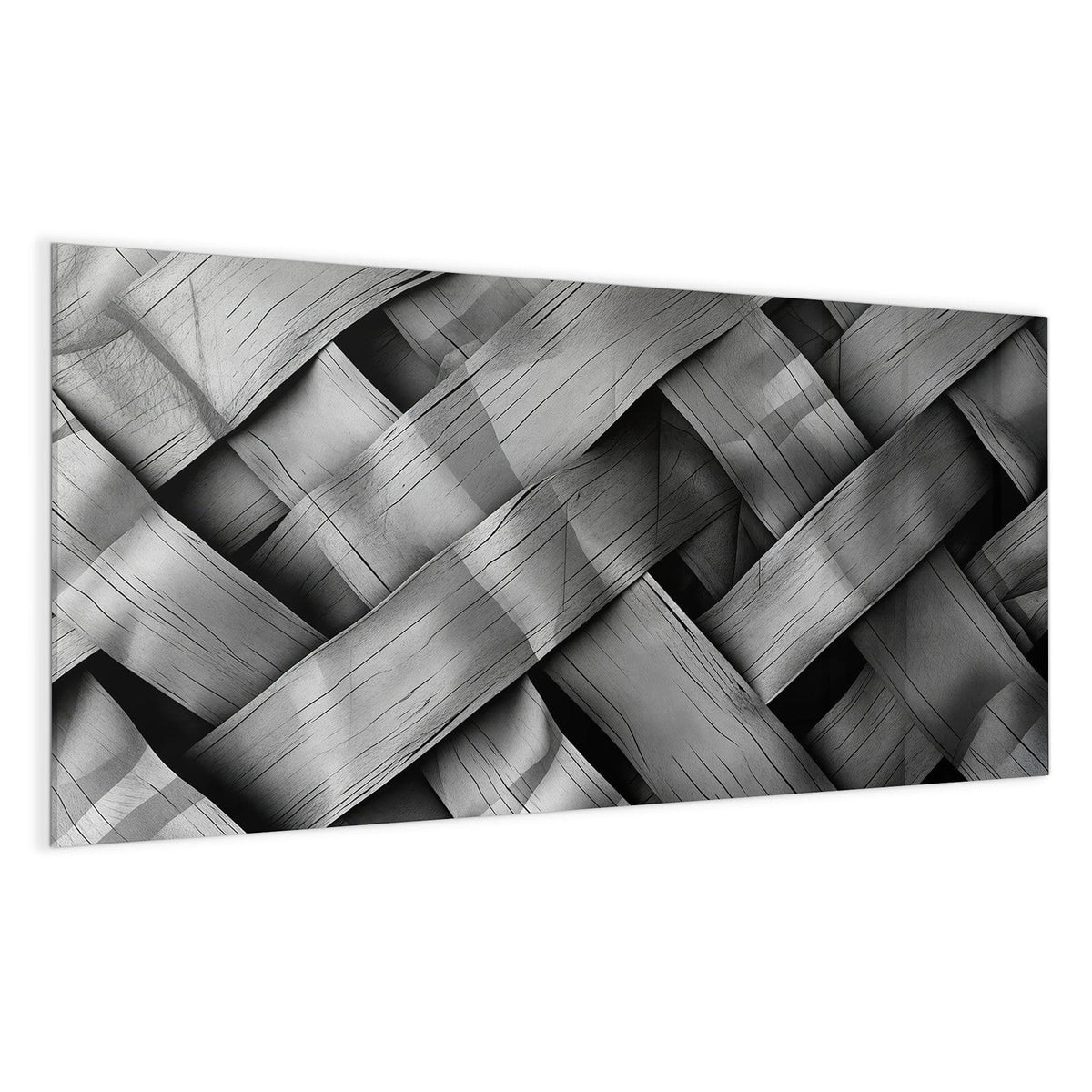 Grauschwarze Nahaufnahme breiter, diagonal verflochtener Holzbänder