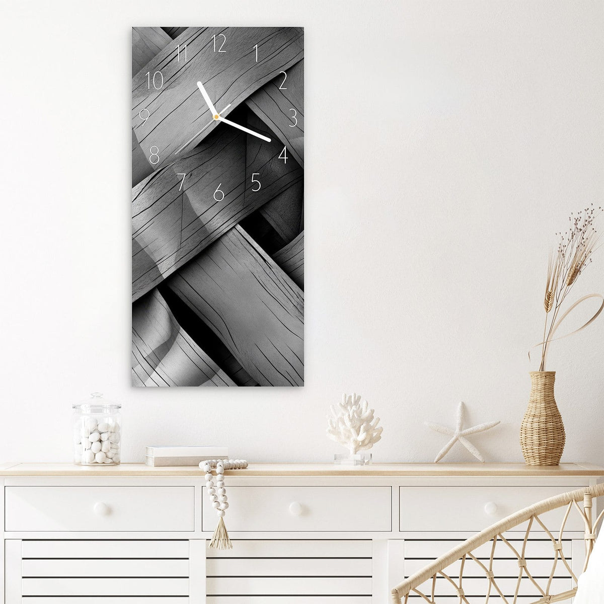 Wanduhr Graues Holzgeflecht aus Glas – Hochformat 30 × 60 cm – Graues Holzgeflecht in Nahaufnahme