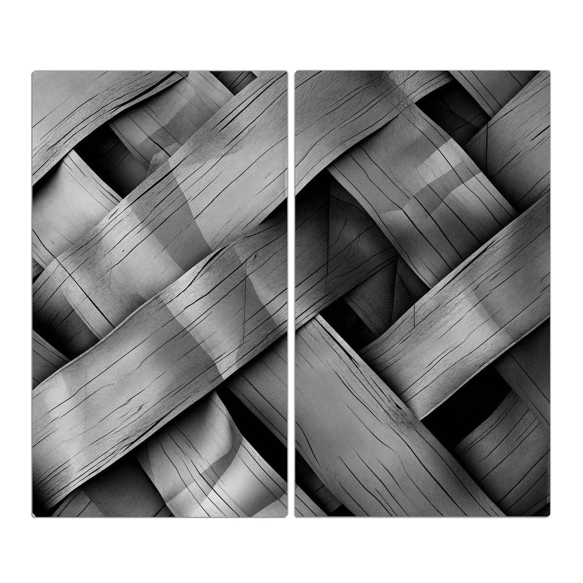 Grauschwarze Nahaufnahme breiter, diagonal verflochtener Holzbänder