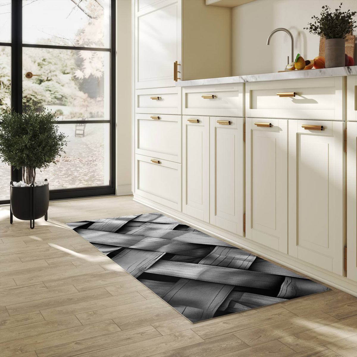 Hygienischer Teppich fürs Esszimmer mit Motiv Geflochtenes Holz in heller Küche