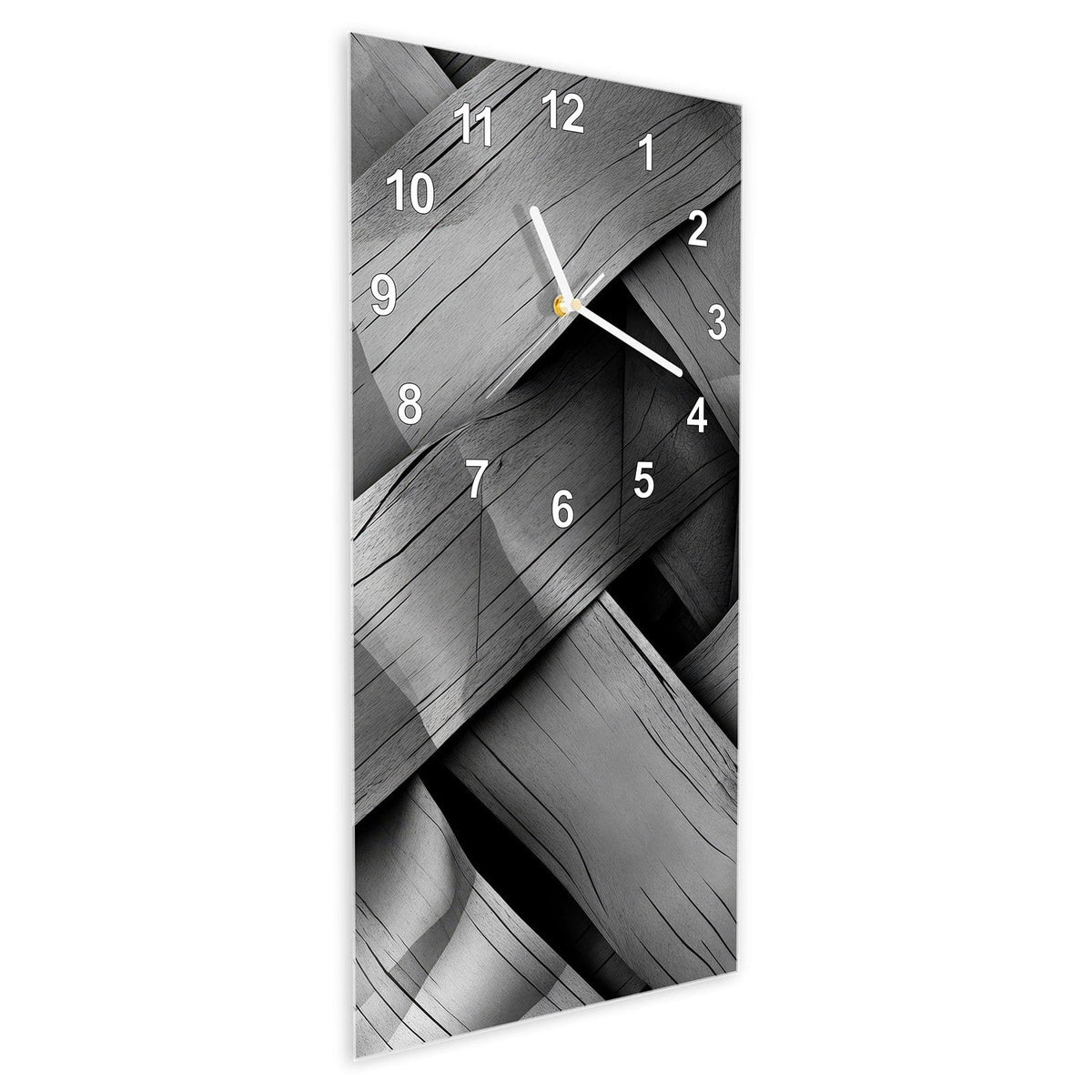 Wanduhr aus Glas im Hochformat Graues Holzgeflecht schräg von der Seite, 4 mm starkes Glas