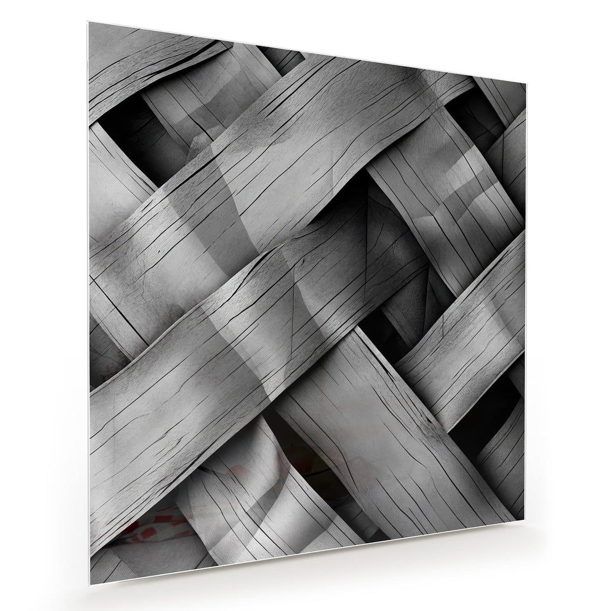 Grauschwarze Nahaufnahme breiter, diagonal verflochtener Holzbänder