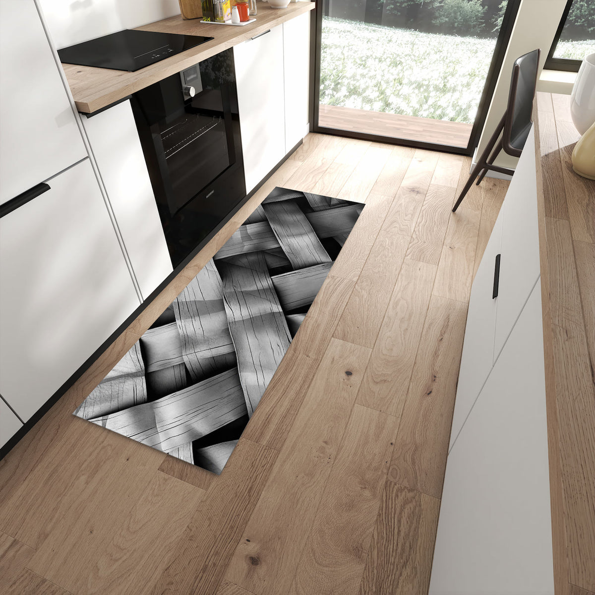 Komfortabler Bodenläufer-Teppich mit Motiv Geflochtenes Holz in moderner Küche