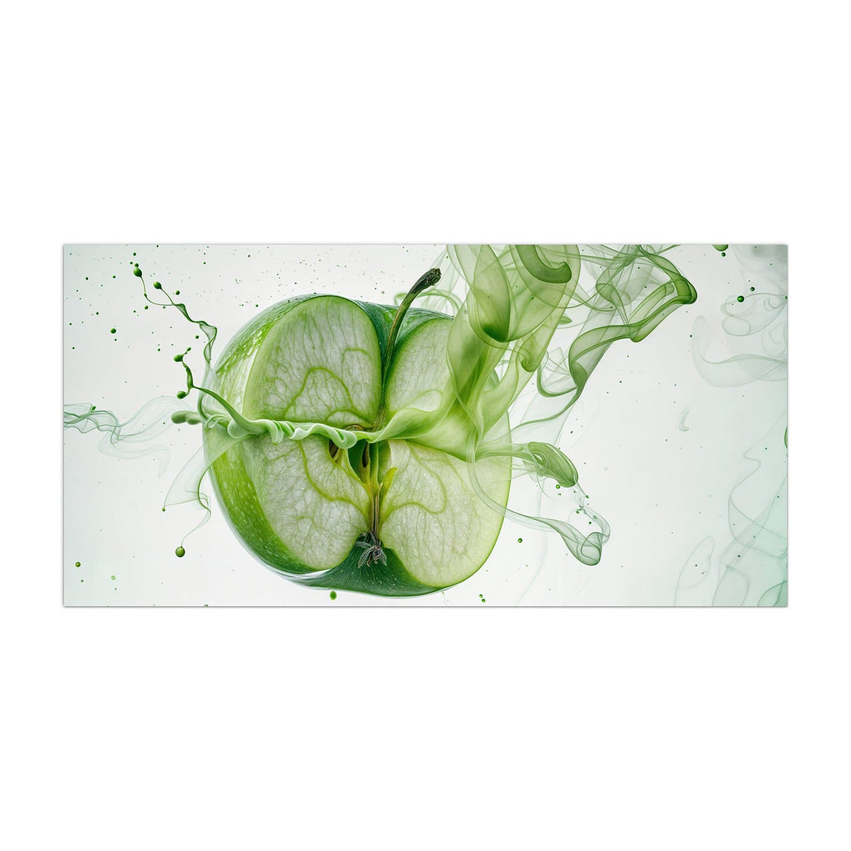 Küchenrückwand aus Glas Apfel in grünem Rauch im Hochformat, Motiv bildfüllend von vorn