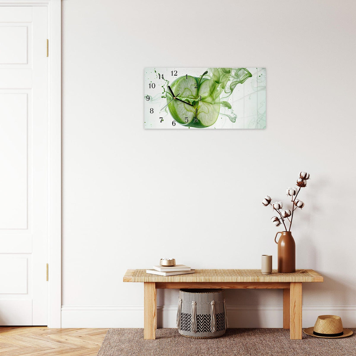 Moderne Wanduhr aus Glas mit Farbtiefe – Wanduhr Zerlegter Apfel aus Glas – Querformat 60 × 30 cm