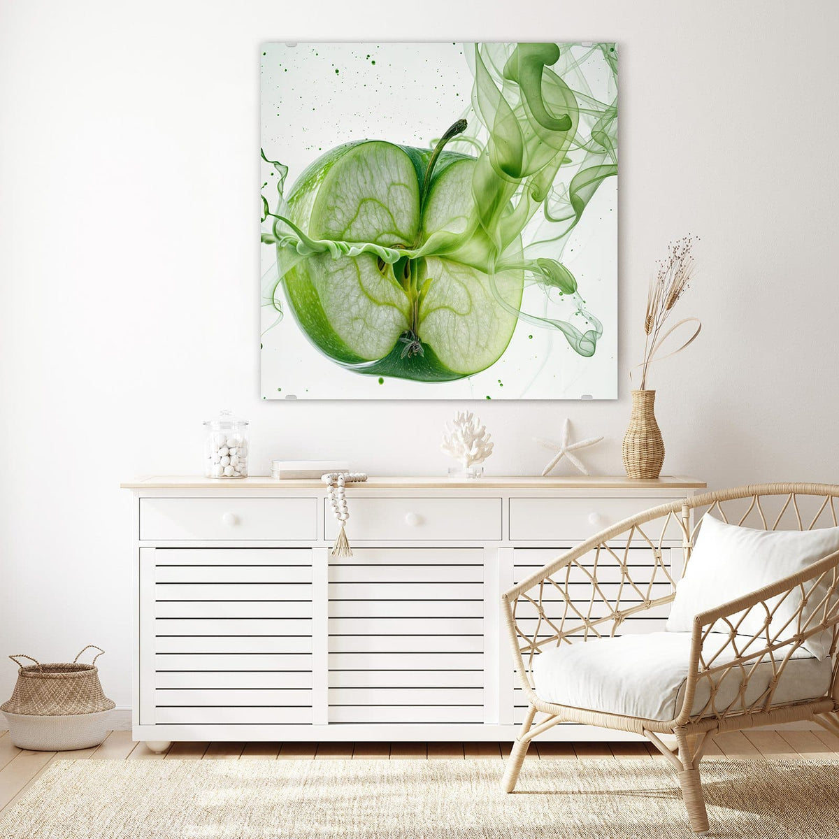 Echtglas, 4 mm – kein Acryl, keine Folie – Wandbild - Apfel in grünem Rauch - Quadratisch