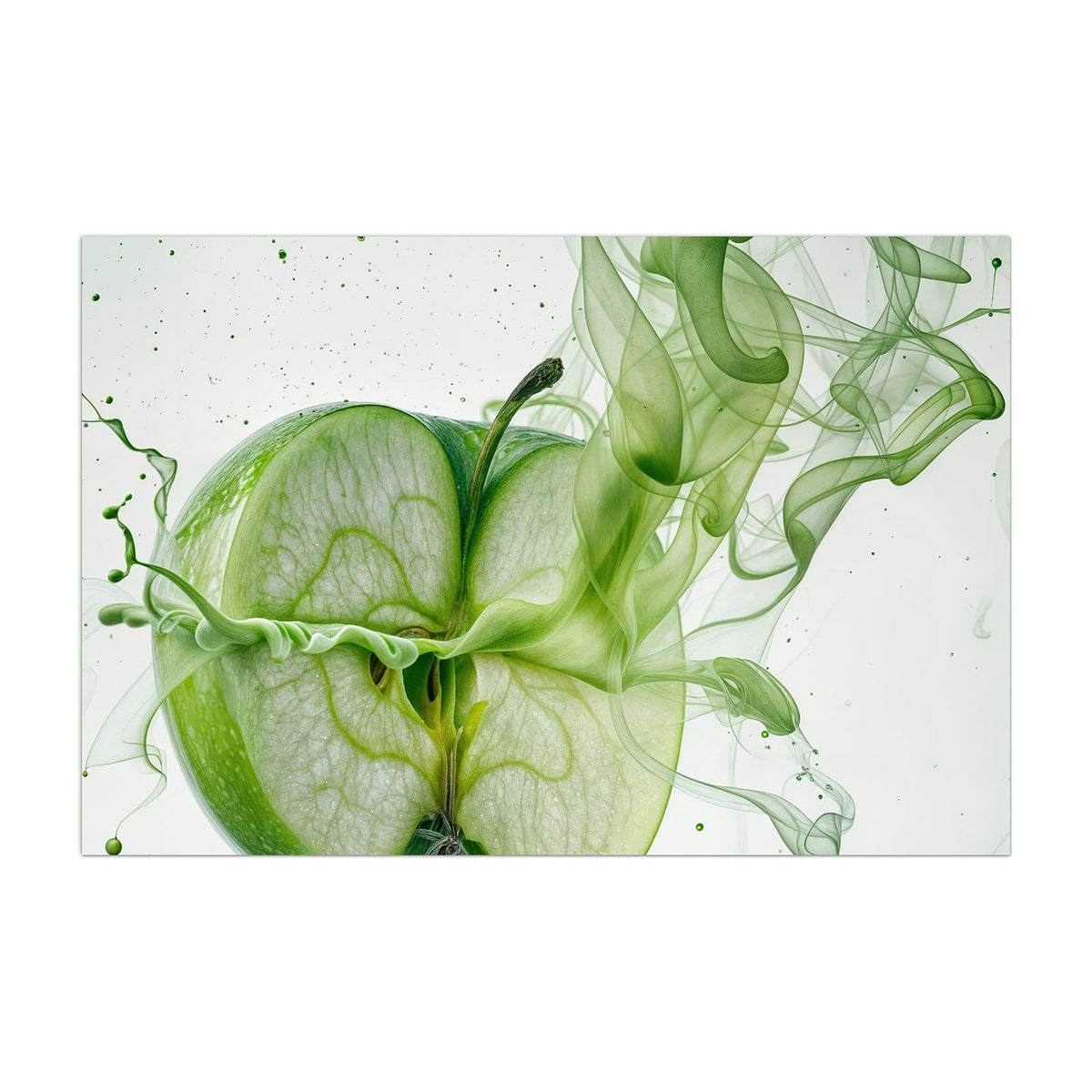 Küchenrückwand aus Glas Apfel in grünem Rauch im Hochformat, Motiv bildfüllend von vorn