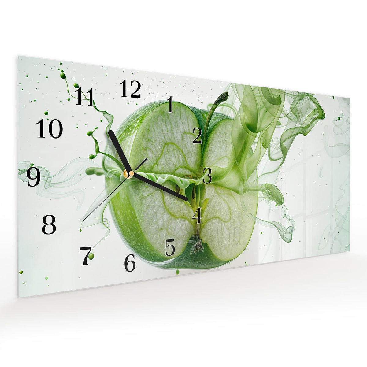 Vormontiert – mit Schwebeeffekt – Wanduhr Zerlegter Apfel aus Glas – Querformat 60 × 30 cm