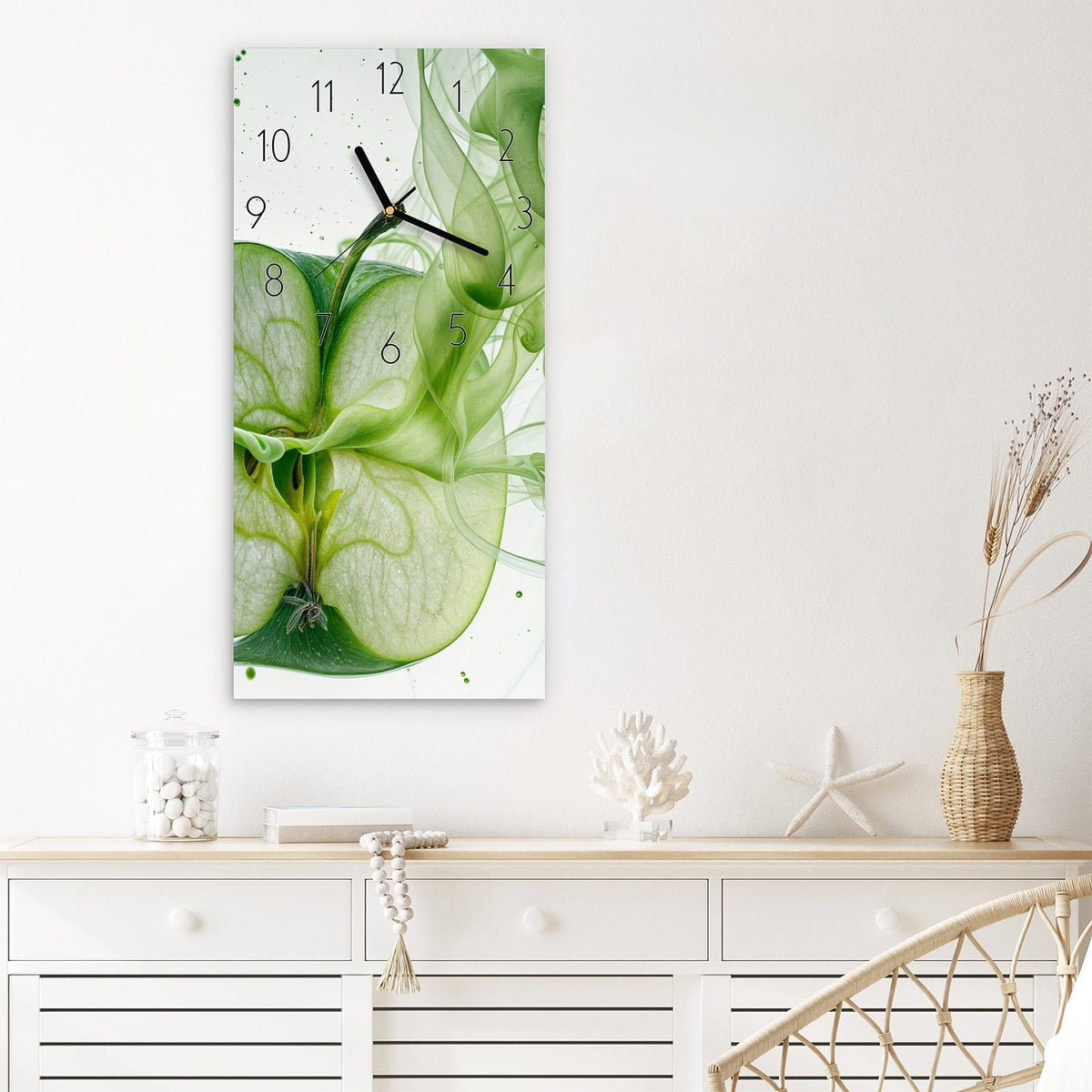 Wanduhr Apfel in grünem Rauch aus Glas – Hochformat 30 × 60 cm – Grüner Apfel in wirbelndem Nebel