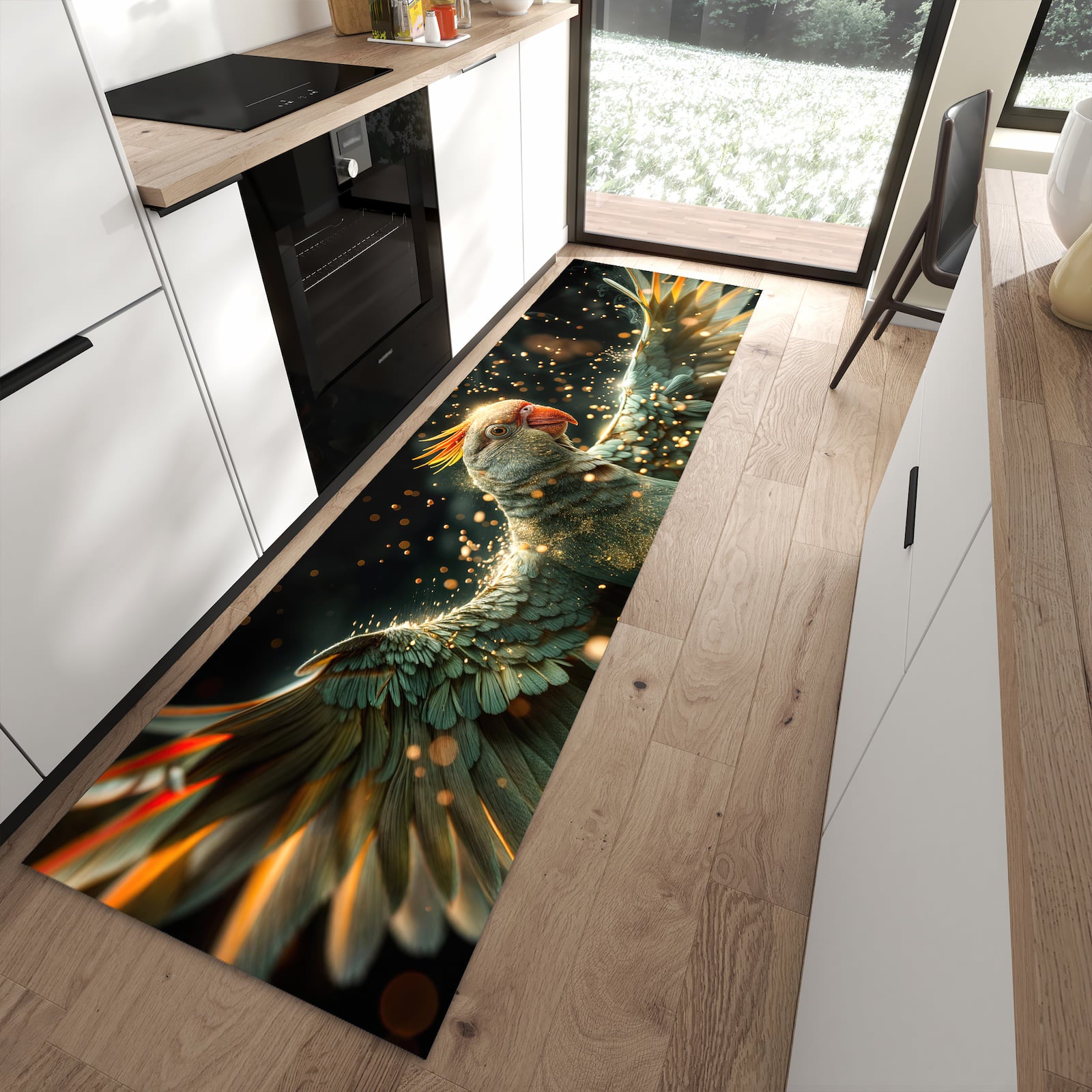 Rutschfester Küchenläufer mit Motiv Fliegender Papagei in moderner Küche