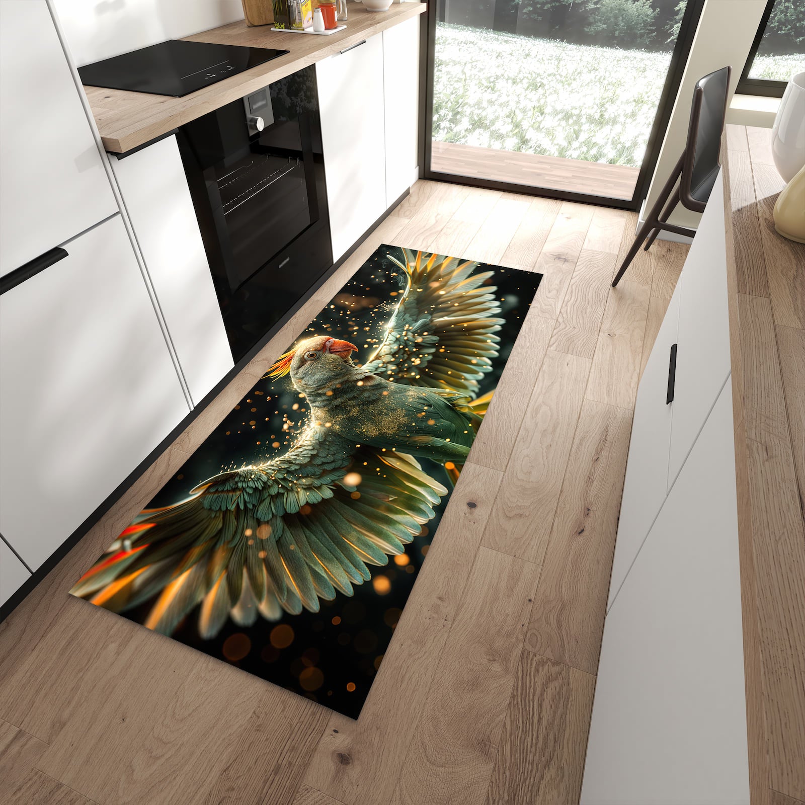 Pflegeleichter Läufer für die Küche mit Motiv Fliegender Papagei in moderner Küche