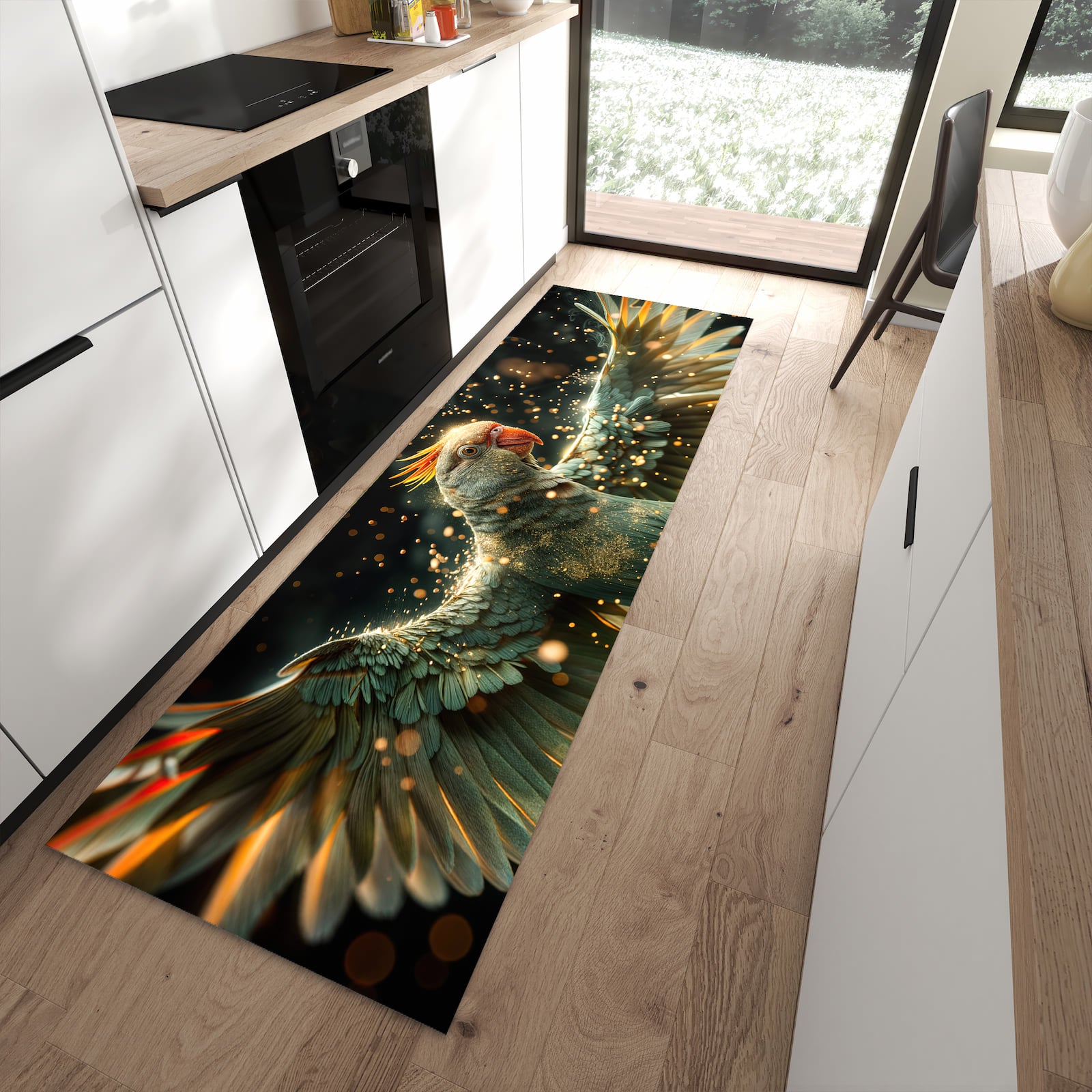 Komfortabler Küchenläufer mit Motiv Fliegender Papagei in moderner Küche
