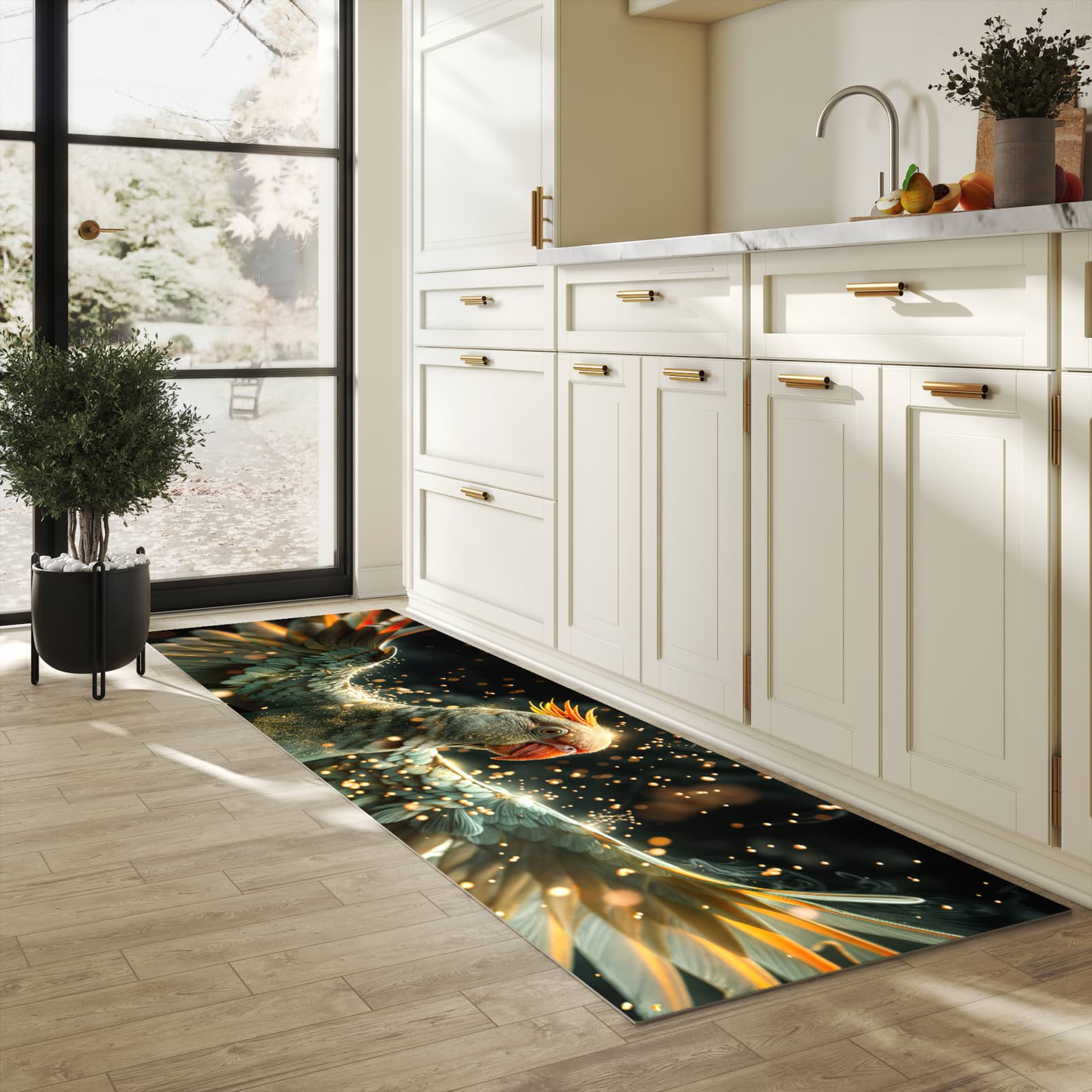 Rutschfester Küchenteppich mit Motiv Fliegender Papagei in heller Küche