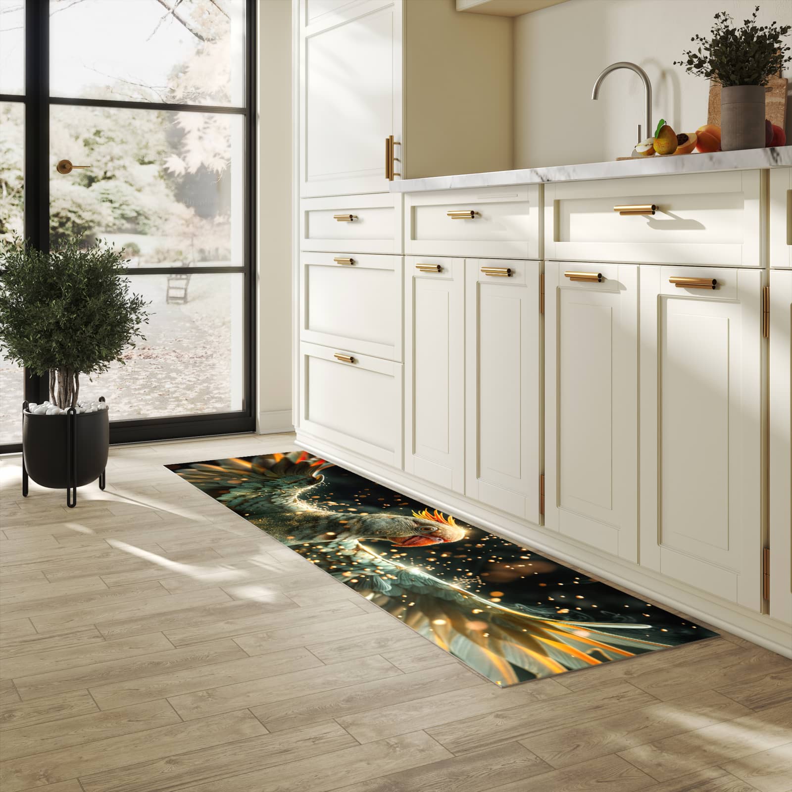 Pflegeleichter Küchenläufer nach Maß mit Motiv Fliegender Papagei in heller Küche