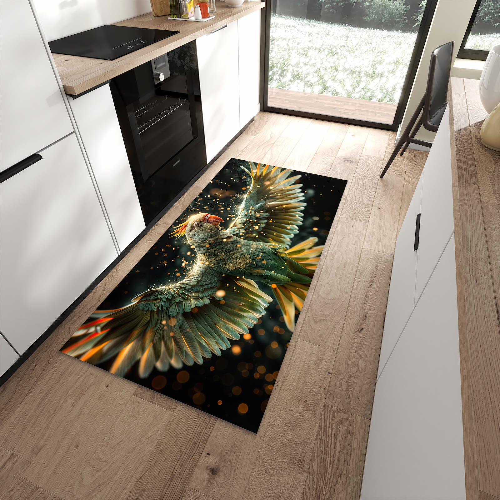 Küchenvorleger mit Motiv Fliegender Papagei für angenehme Haptik in moderner Küche