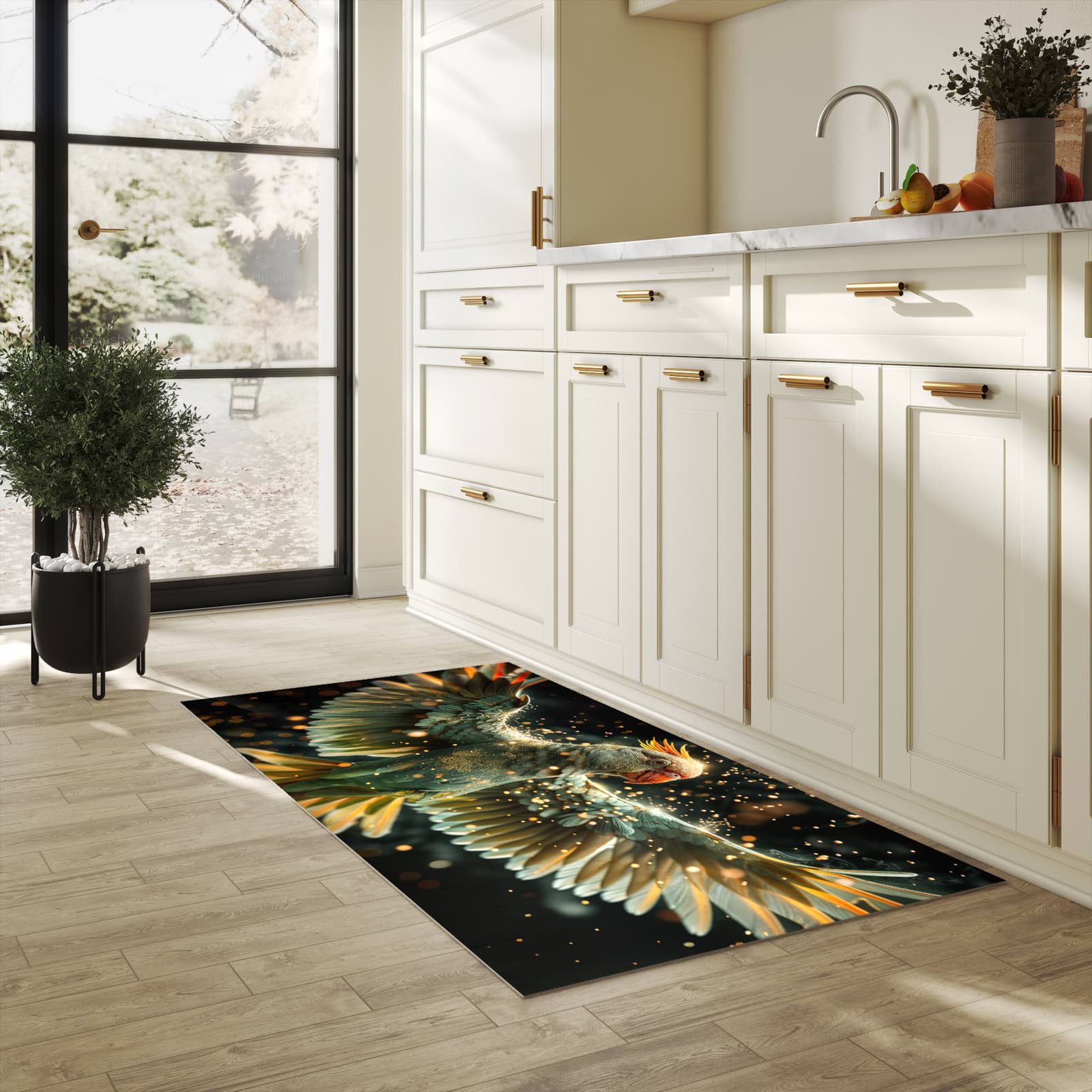 Bodenschonender Küchenteppich mit Motiv Fliegender Papagei in heller Küche