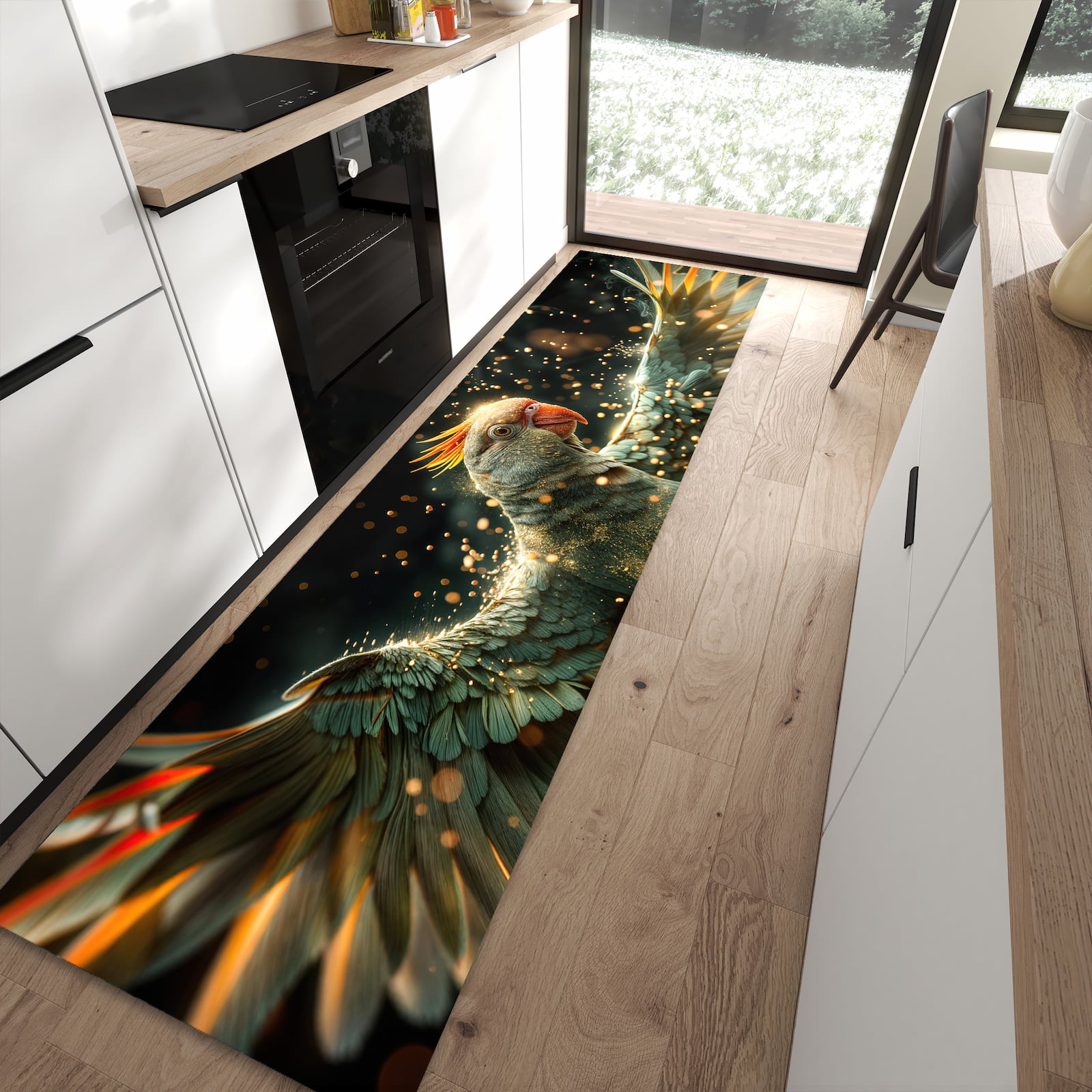 Pflegeleichter Küchenläufer mit Motiv Fliegender Papagei in moderner Küche