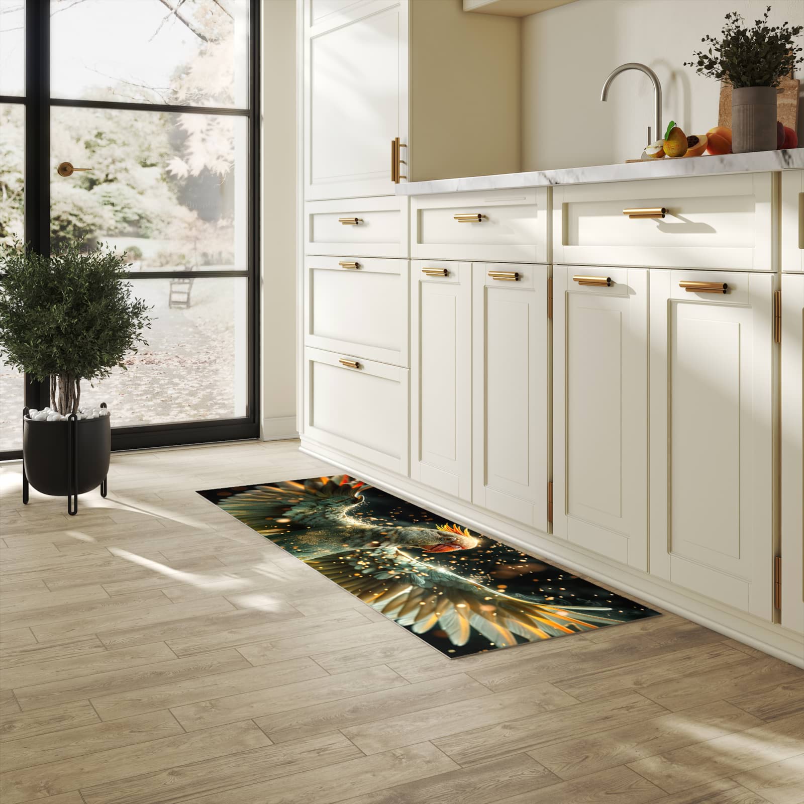 Rutschfester Küchenläufer mit Motiv Fliegender Papagei in heller Küche