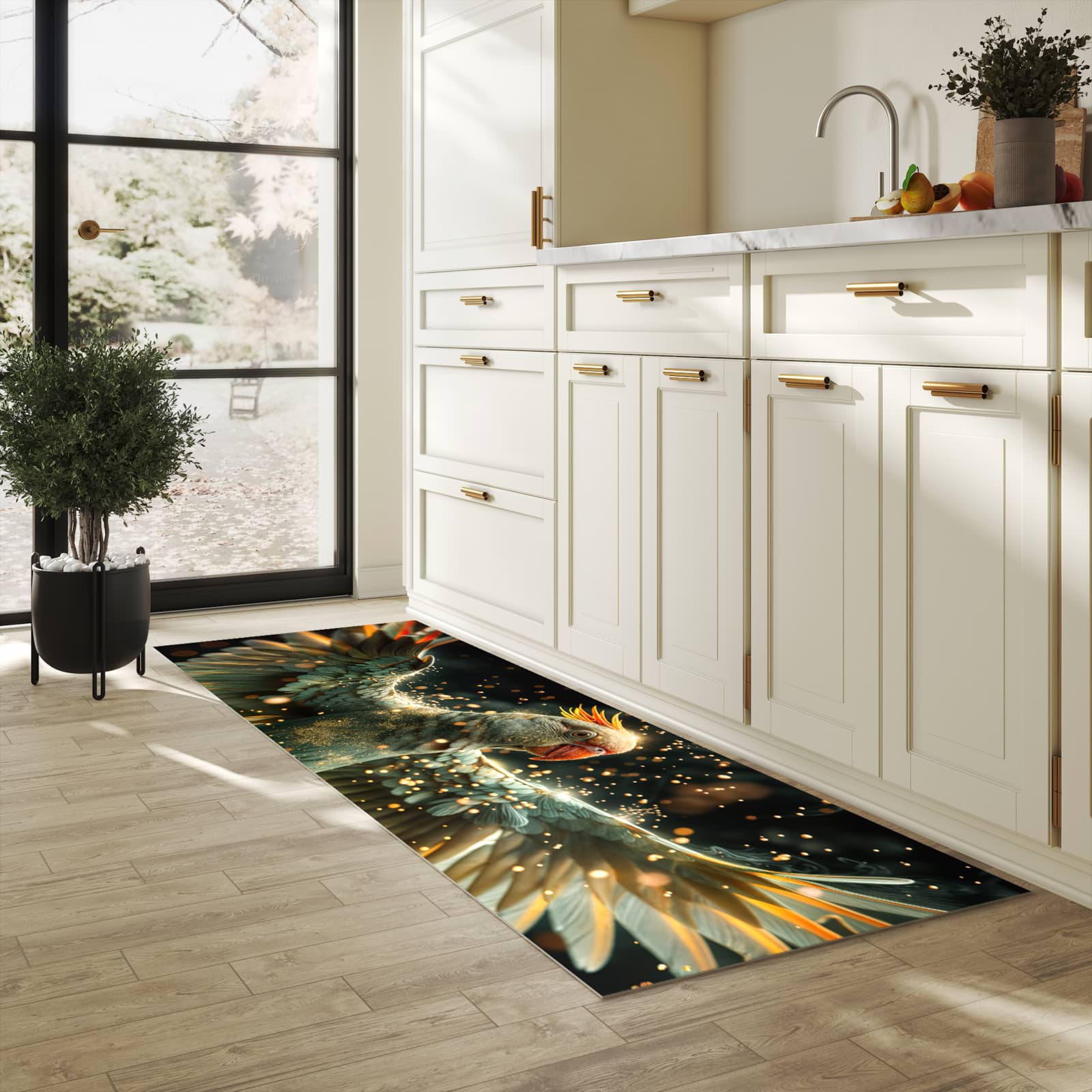 Langlebiger Küchenläufer mit Motiv Fliegender Papagei in heller Küche