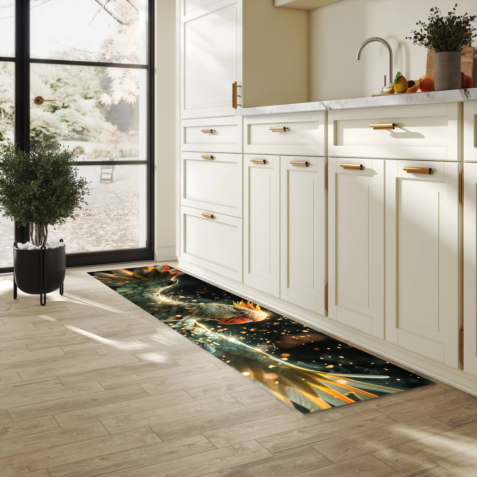 Waschbarer Küchenläufer mit Motiv Fliegender Papagei in heller Küche für angenehme Haptik