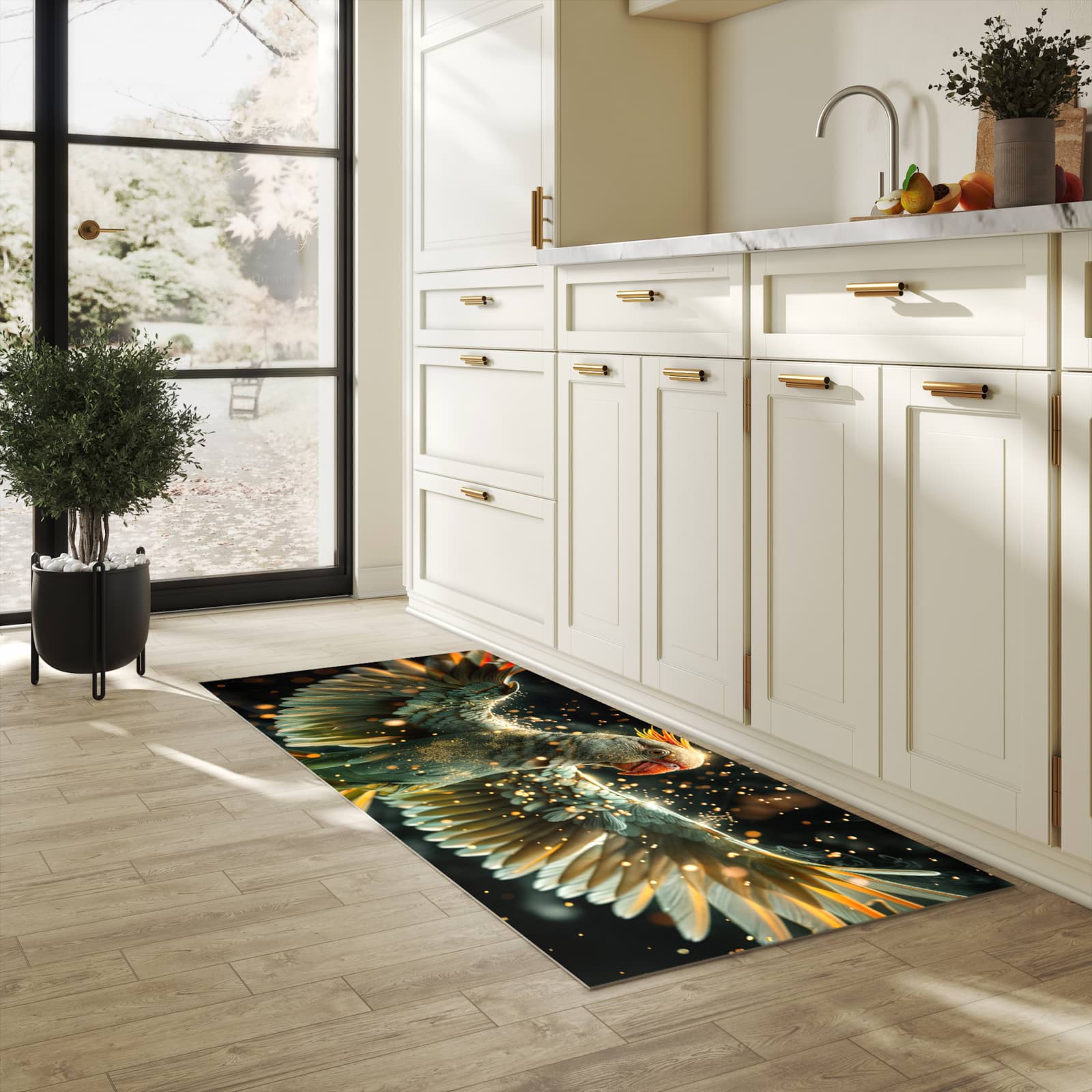 Abwaschbarer Küchenteppich mit Motiv Fliegender Papagei in heller Küche