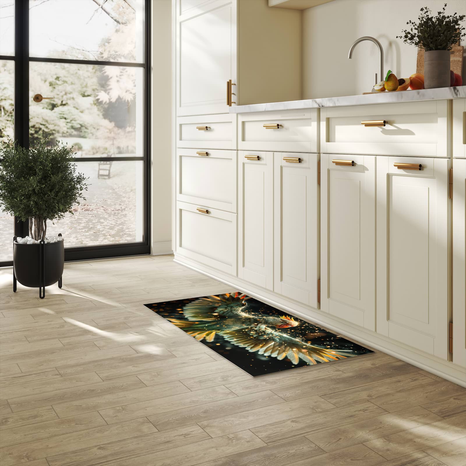 Pflegeleichter waschbarer Küchenläufer mit Motiv Fliegender Papagei in heller Küche