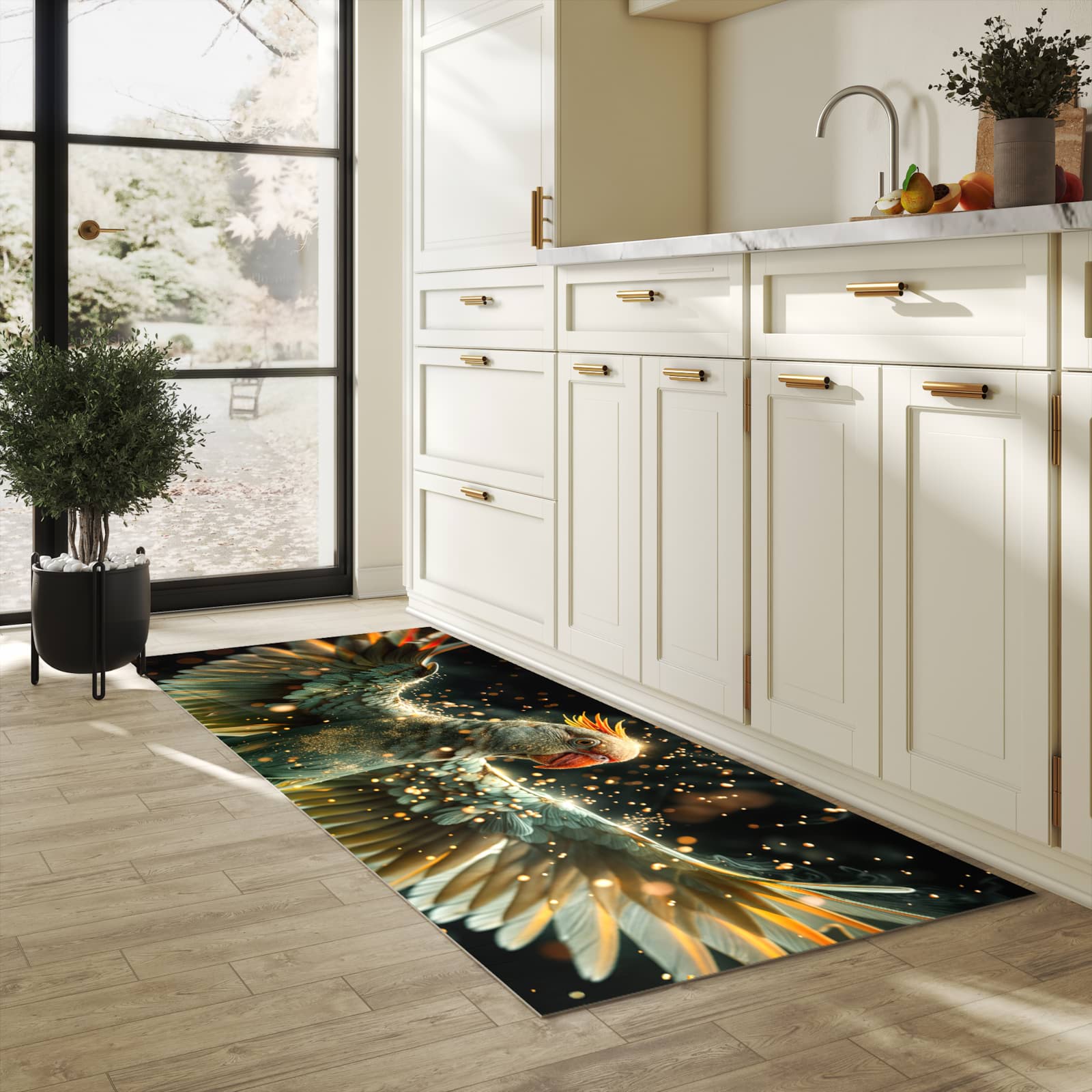 Küchenteppich mit Motiv Fliegender Papagei für Ordnung in heller Küche