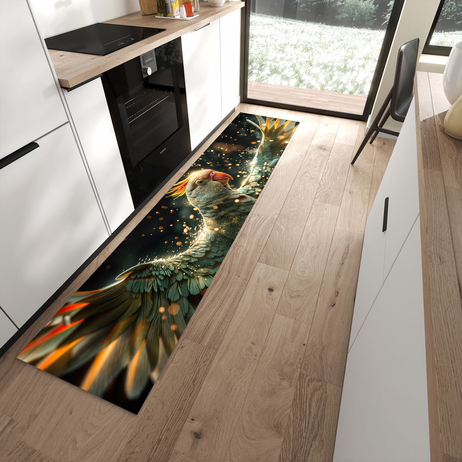 Geruchsneutraler Küchenteppich mit Motiv Fliegender Papagei in moderner Küche