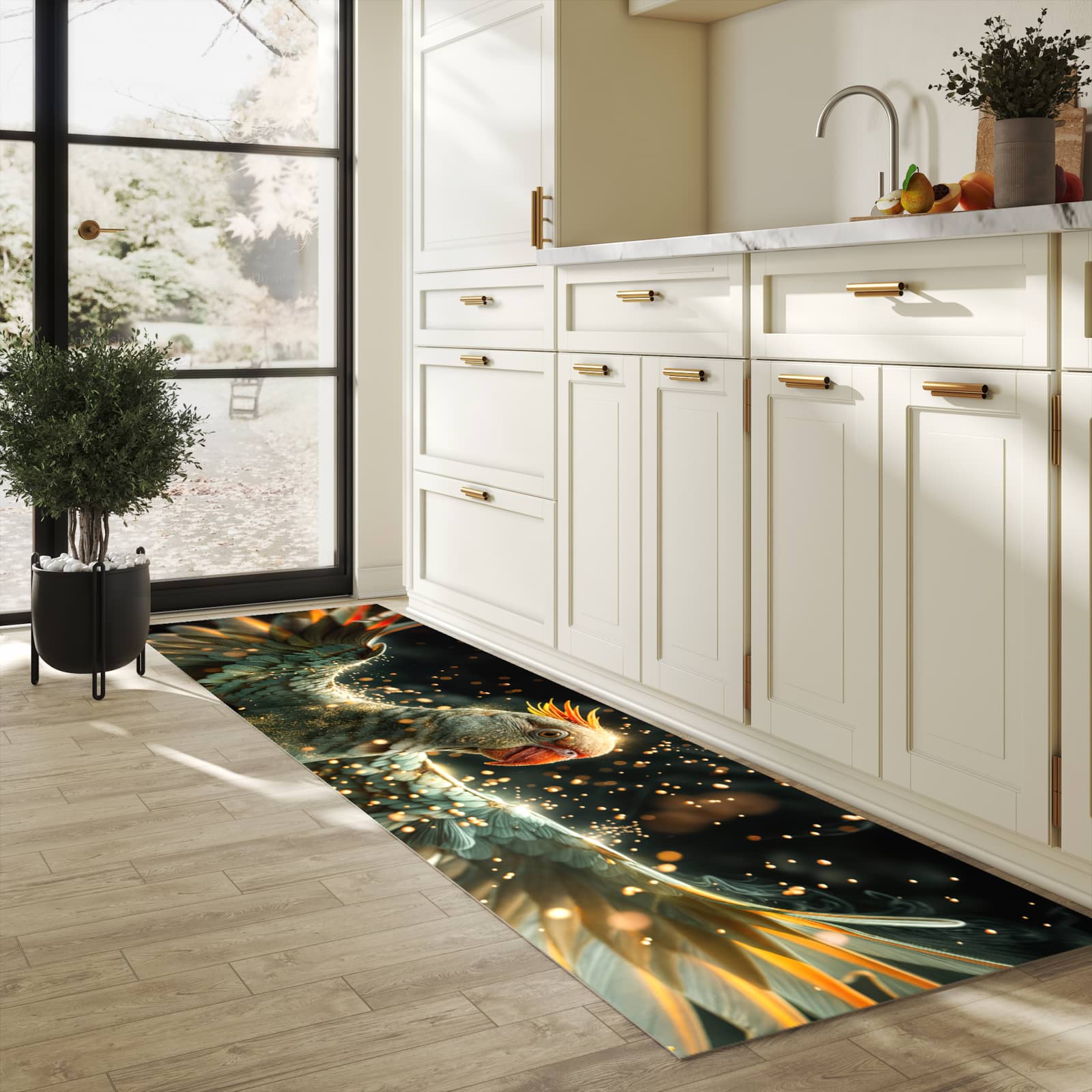 Feuchtigkeitsresistenter Teppich für Küche mit Motiv Fliegender Papagei in heller Küche