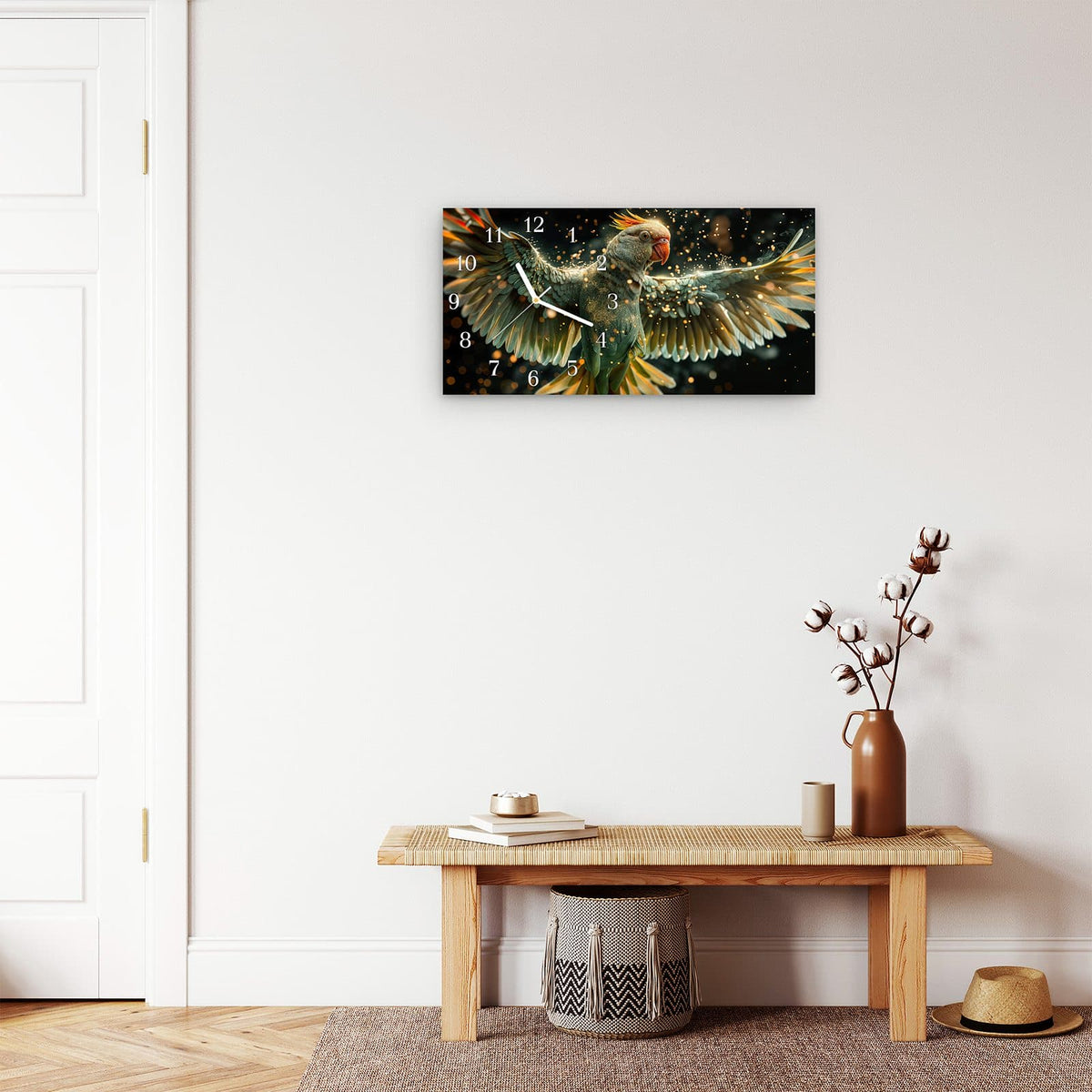 Moderne Wanduhr aus Glas mit Farbtiefe – Wanduhr Fliegender Papagei aus Glas – Querformat 60 × 30 cm